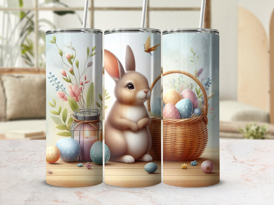 Easter bunny with basket of colorful eggs and spring flowers.
