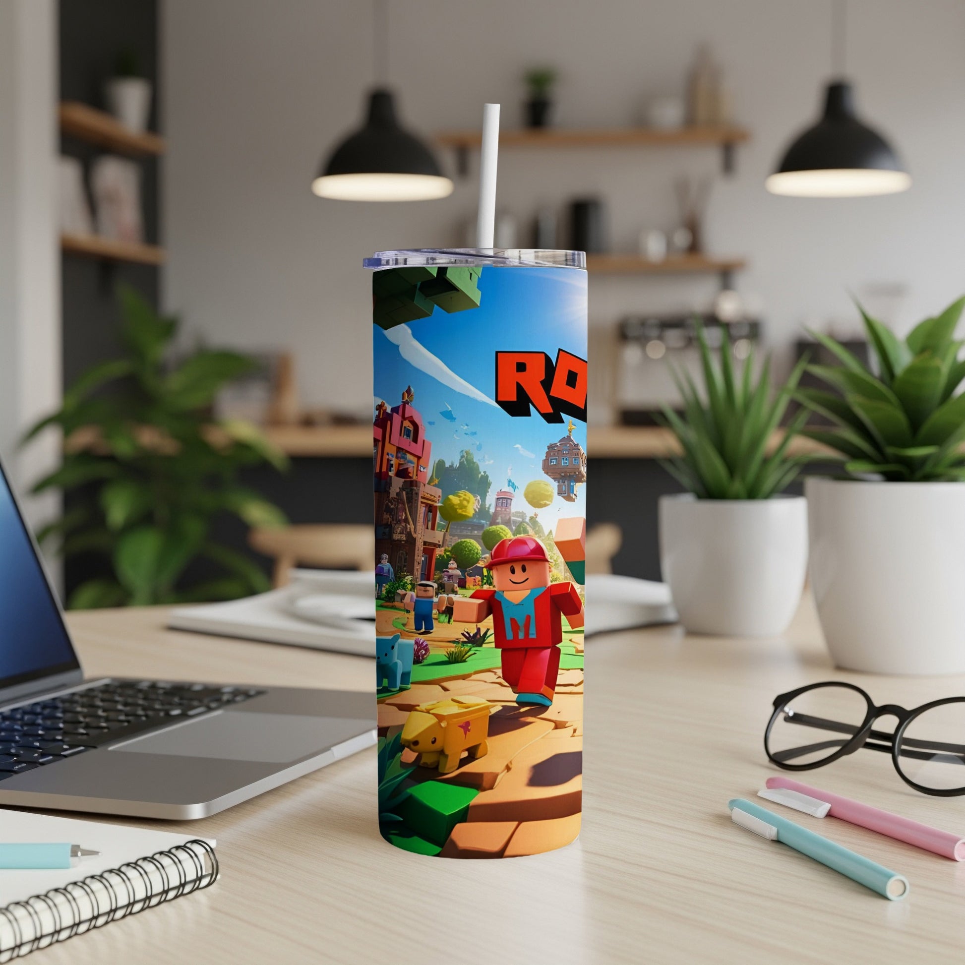 Roblox tumbler with characters and game world scene.