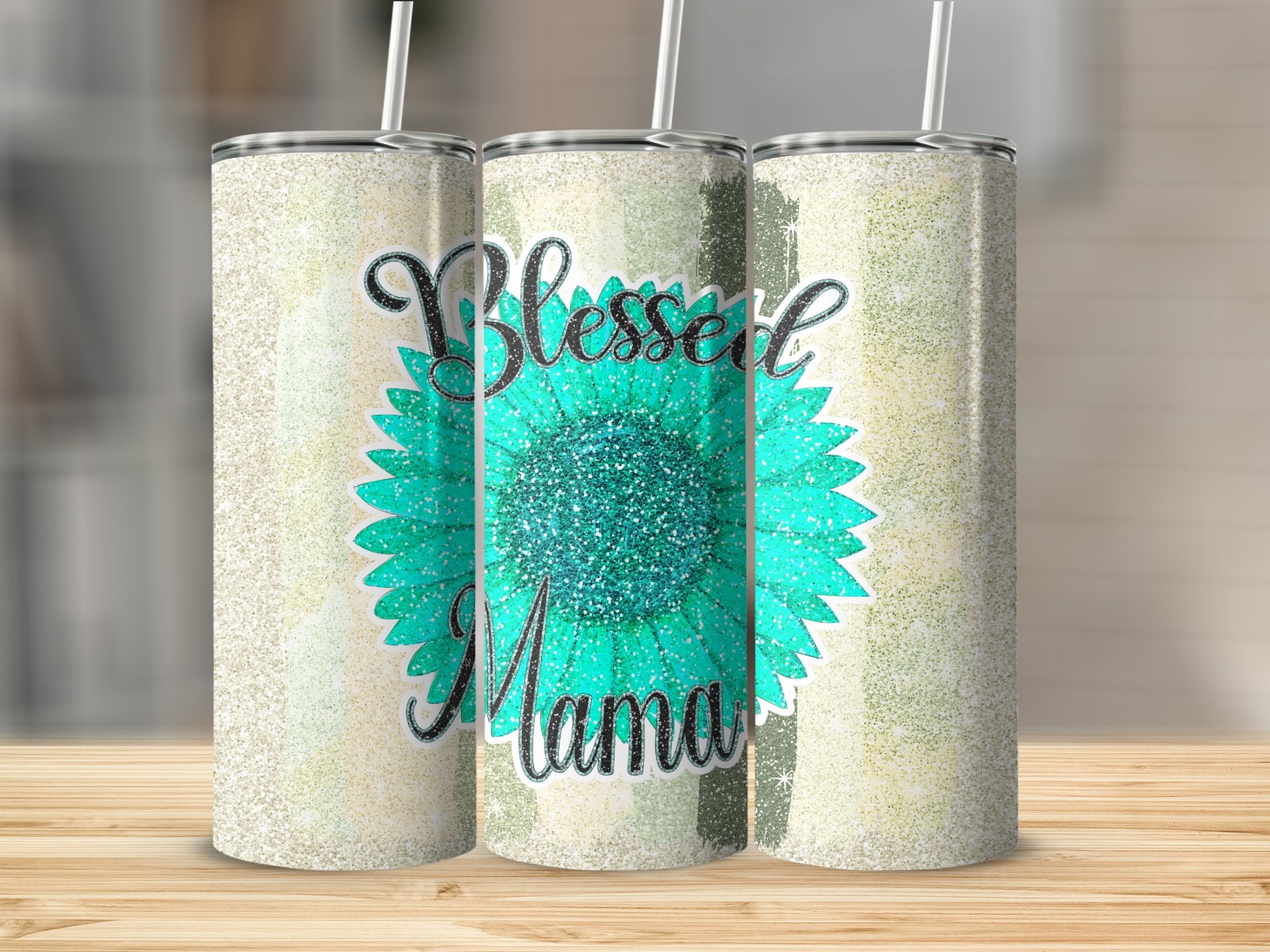Blessed Mama Glittery Blue Sunflower Design Tumbler