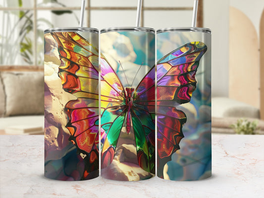 Three tumblers featuring a stained-glass butterfly design.