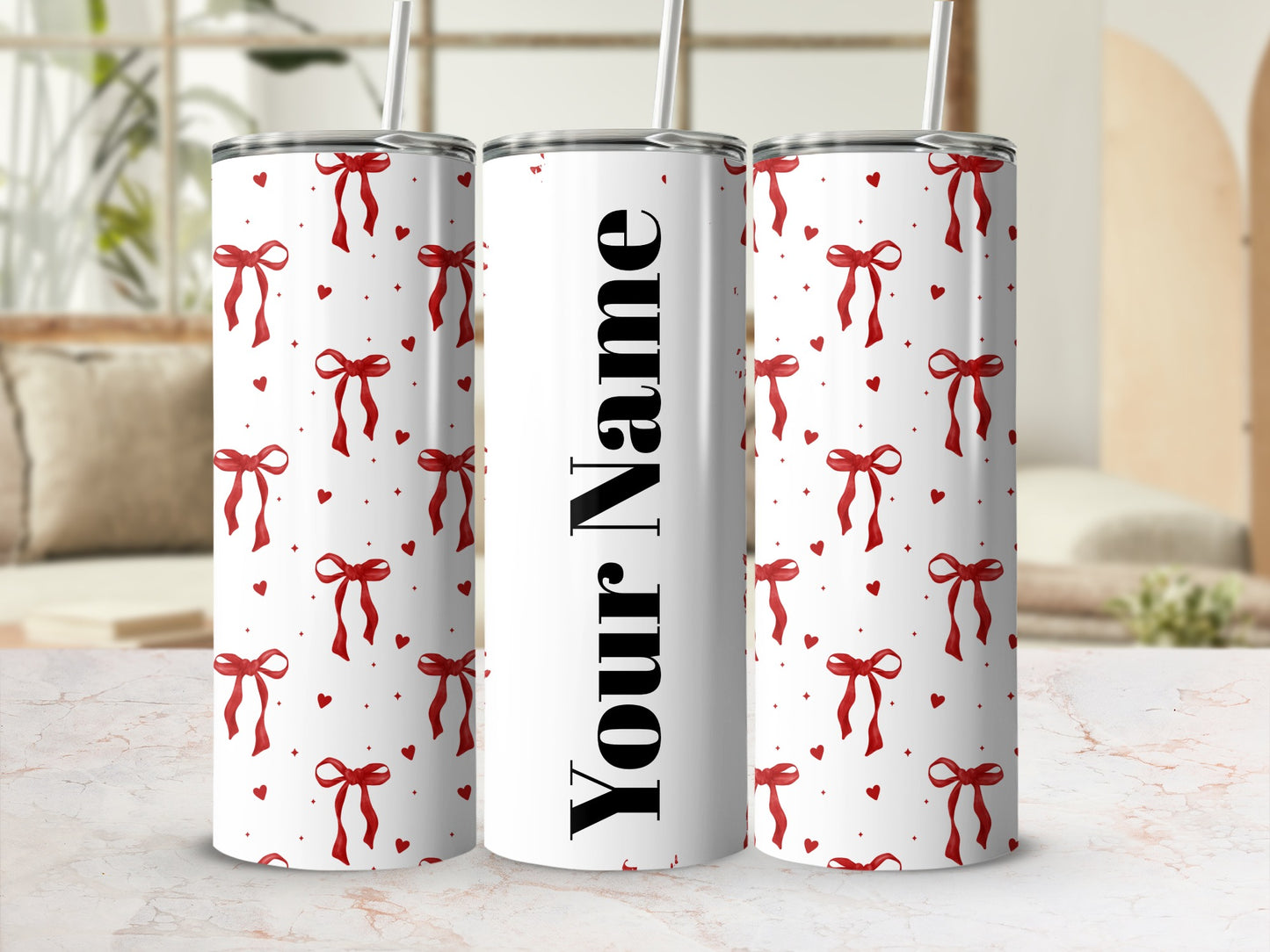 Customizable Tumbler with Red Bows and Hearts Design