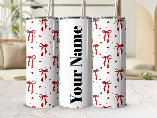 Customizable Tumbler with Red Bows and Hearts Design