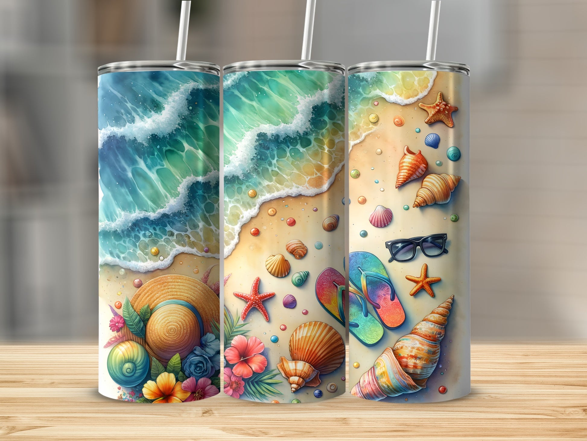 Three tumblers with beach scenes: waves, shells, flowers, and flip-flops.