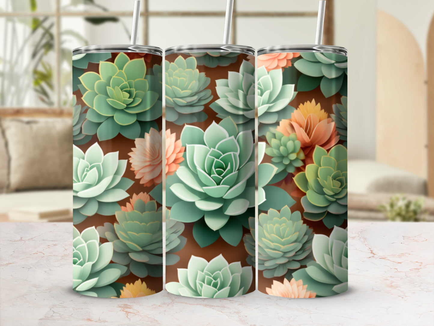 Three tumblers featuring a repeating pattern of green and peach succulents.