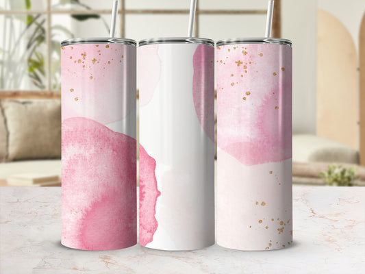 Three tumblers with pink watercolor and gold glitter design.