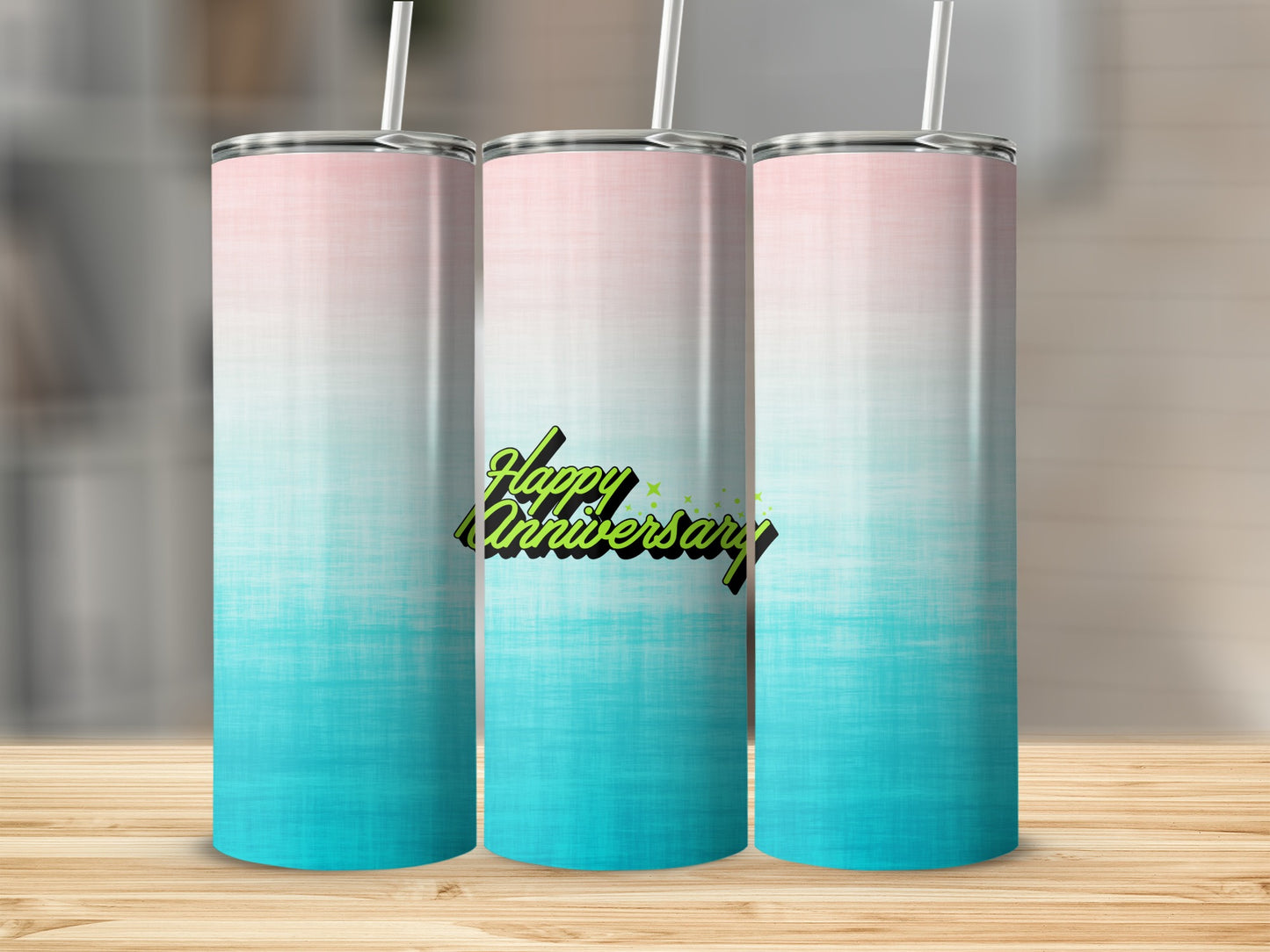 Three tumblers with gradient pink to teal colors and "Happy Anniversary" text.