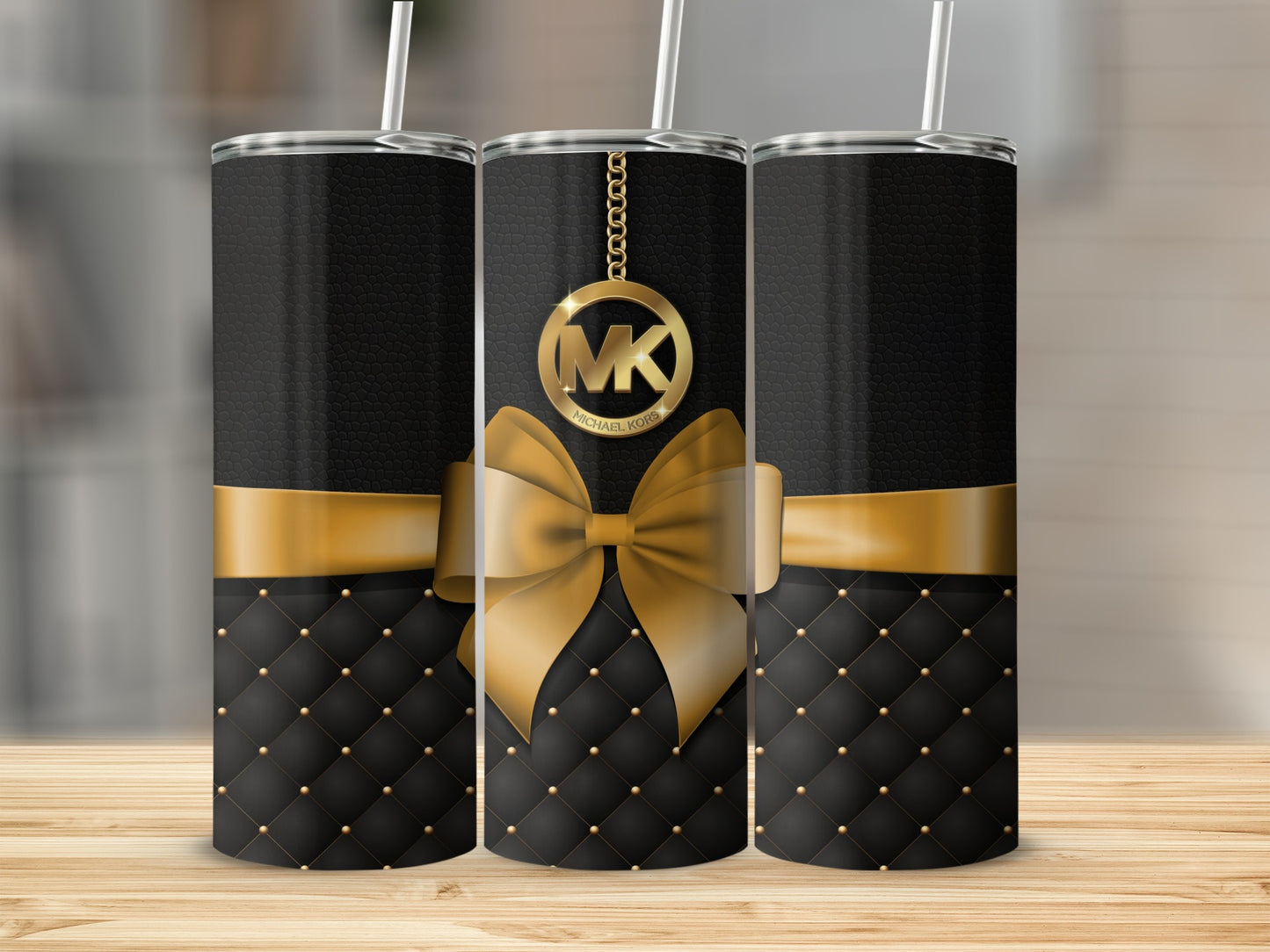 Black and Gold Quilted Pattern with Gold Bow Tumbler