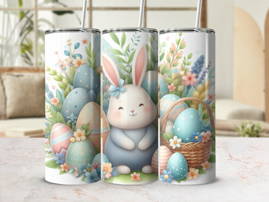 Easter bunny with pastel eggs and basket on floral background.