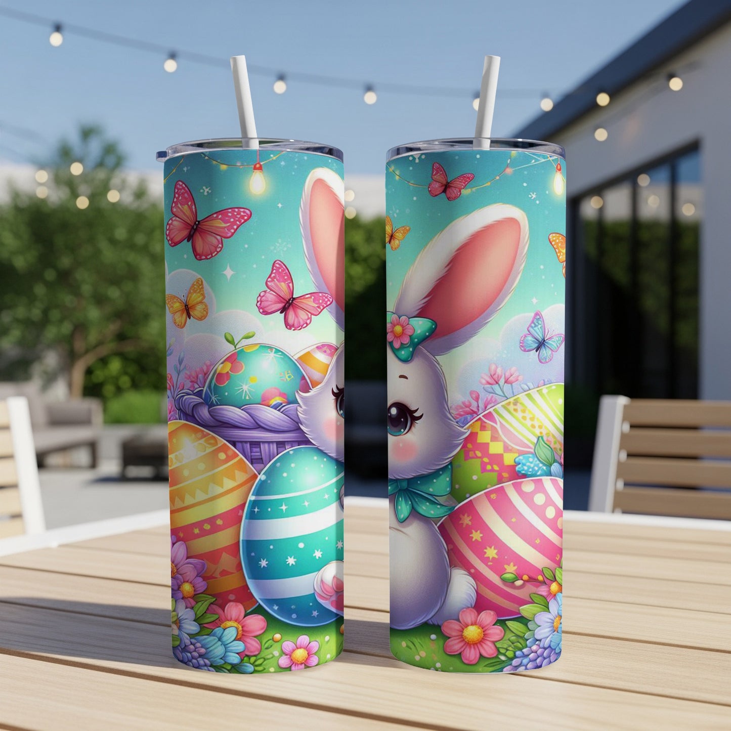 Easter bunny with colorful eggs and butterflies on a tumbler.