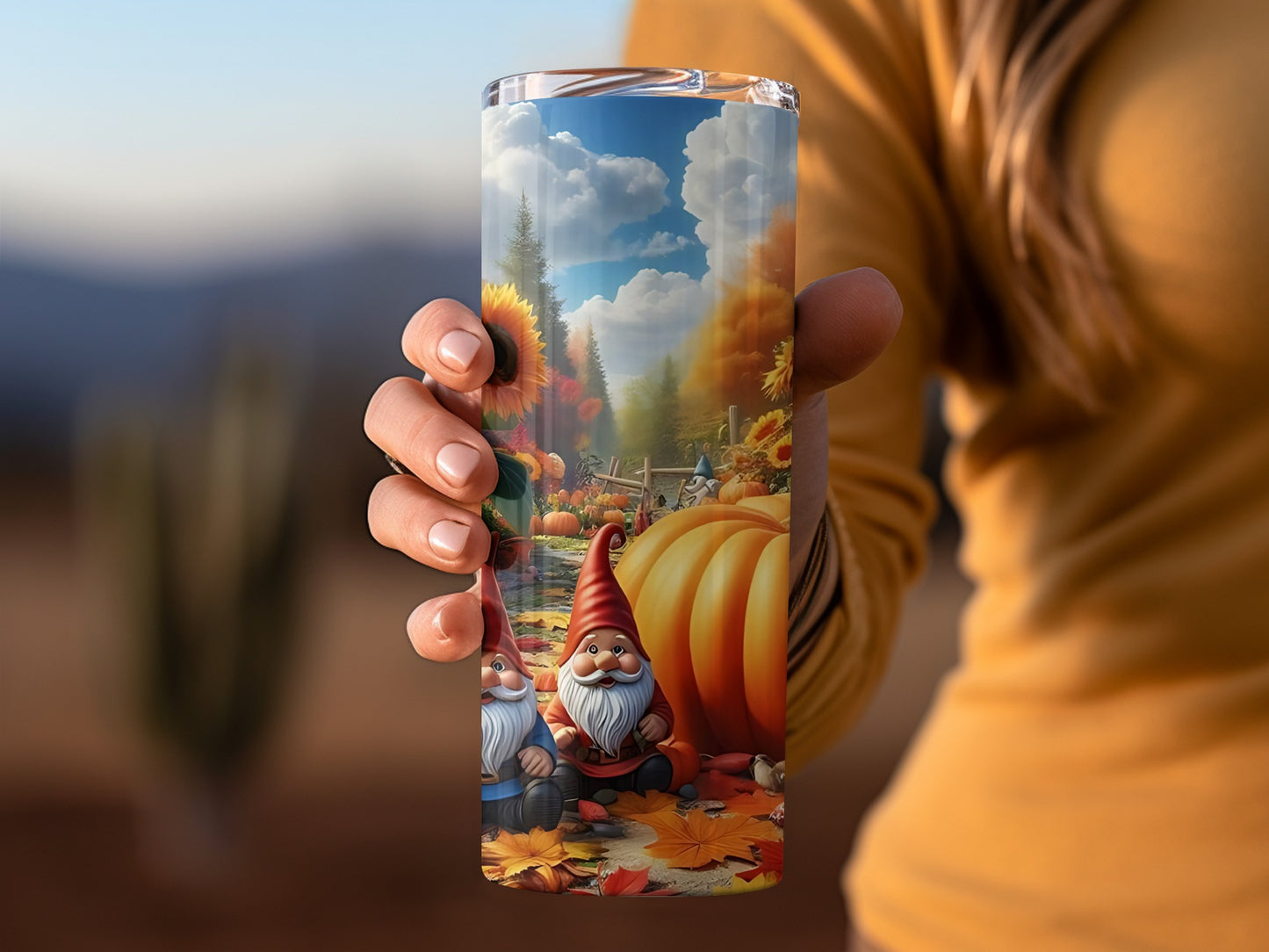 Gnome and Pumpkin Fall Scene Insulated Tumbler Product