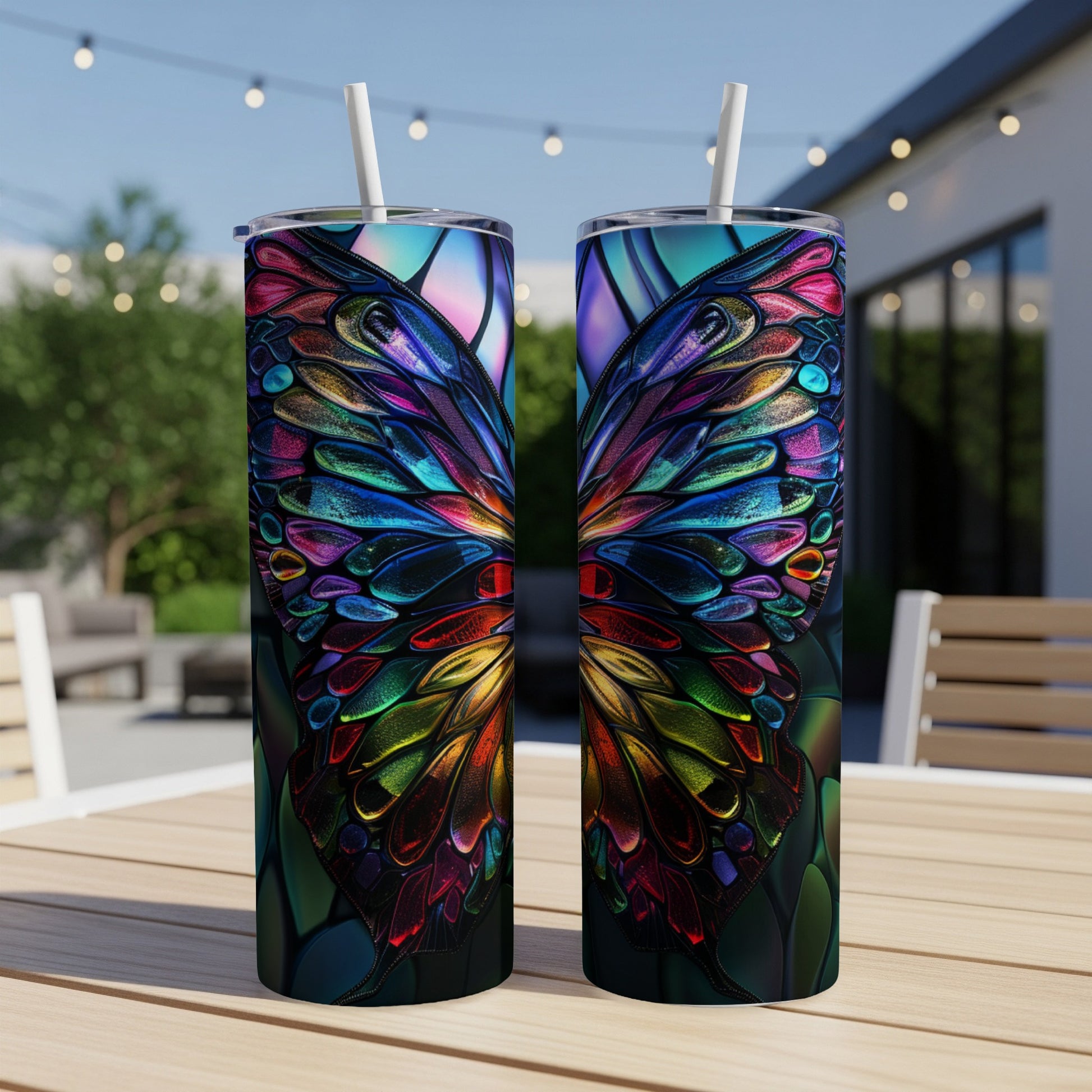 Two tumblers with colorful stained-glass butterfly wings design.