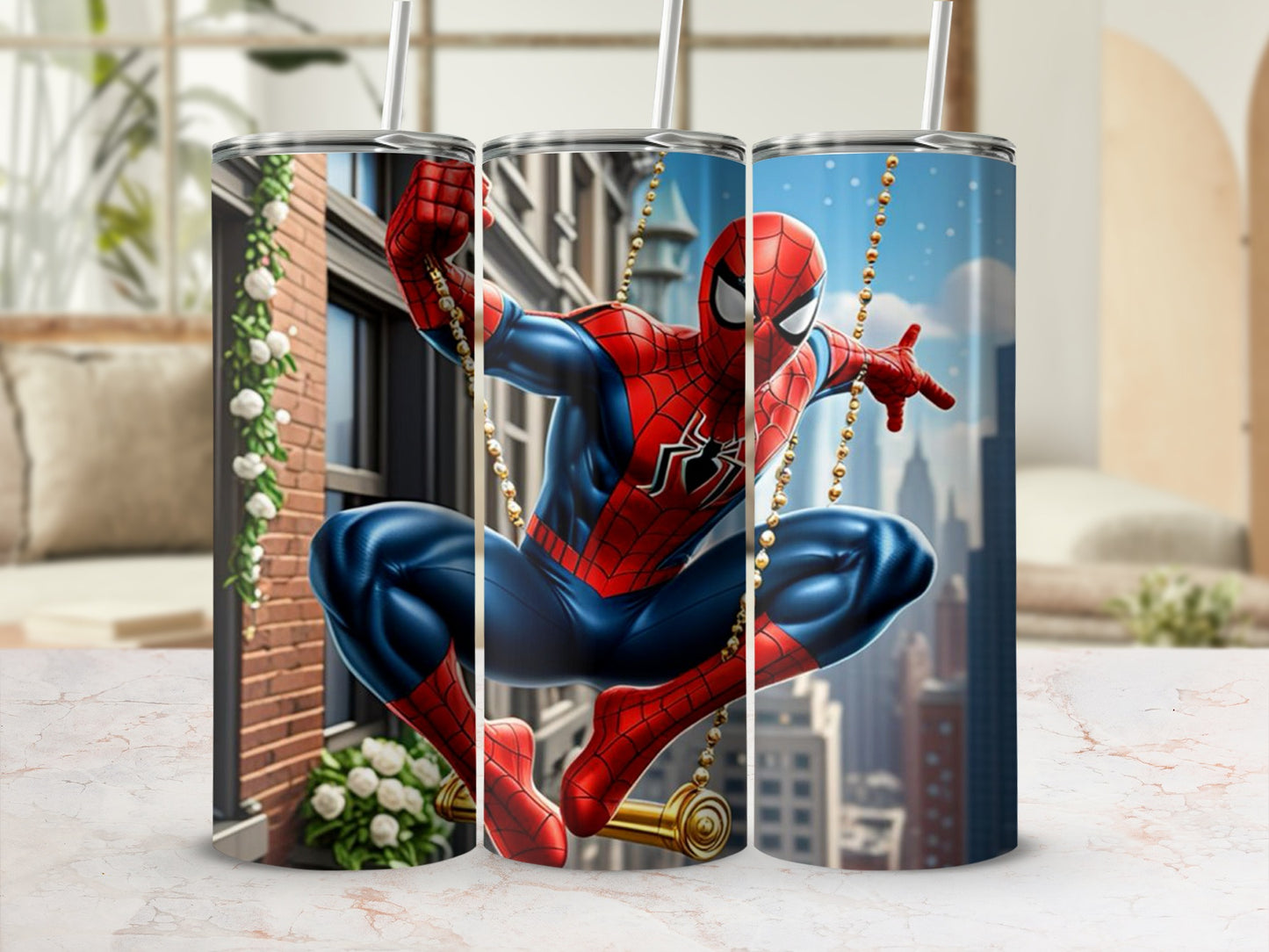 Spider-Man themed drink tumbler with cityscape design