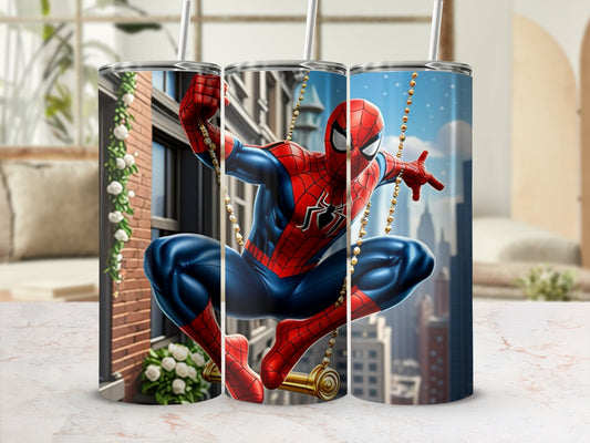 Spider-Man themed drink tumbler with cityscape design