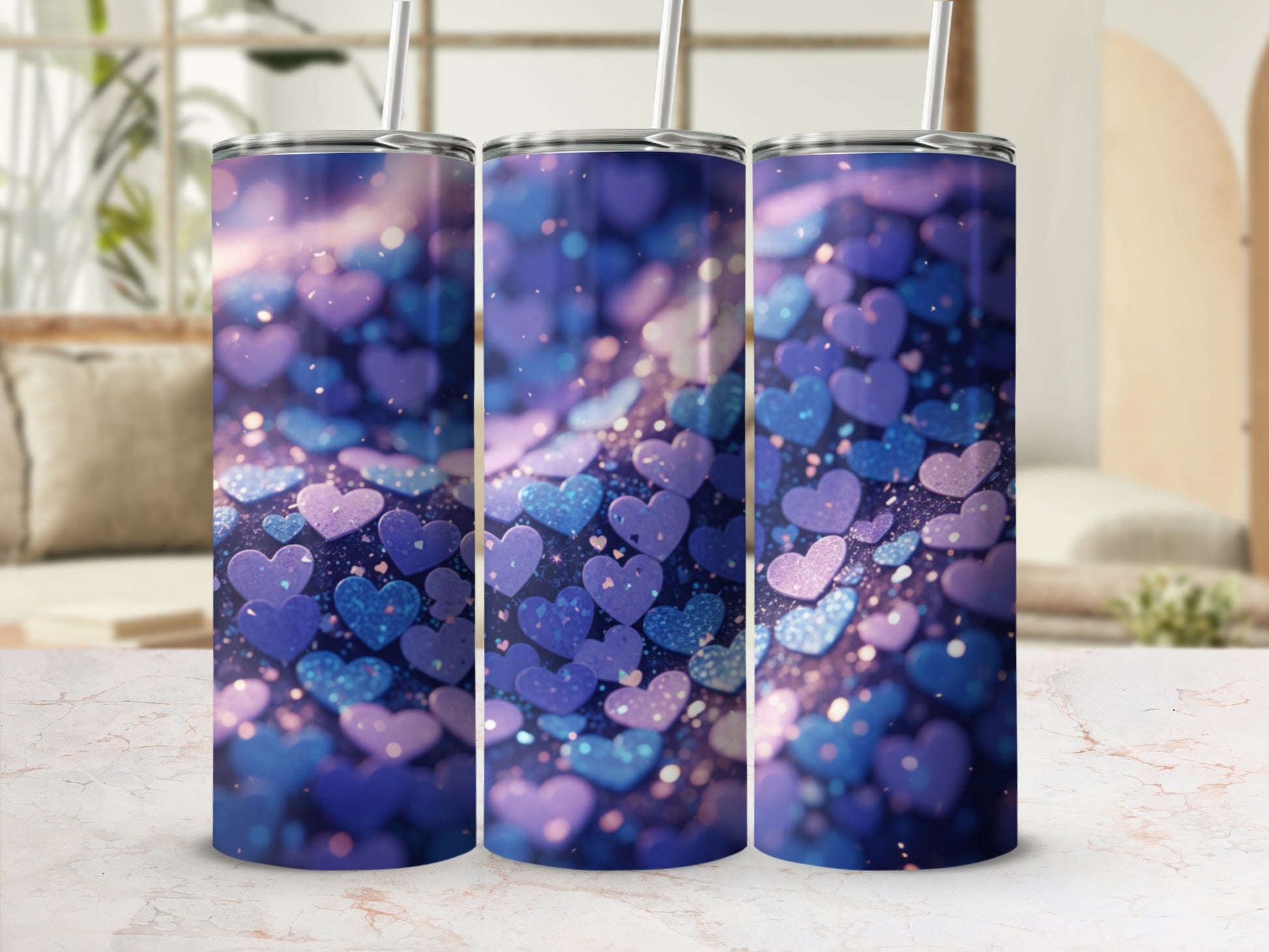 Purple Hearts Glowing Design Tumbler Cup