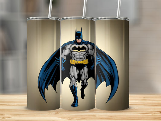 Three tumblers featuring Batman in a dynamic pose against a muted background.