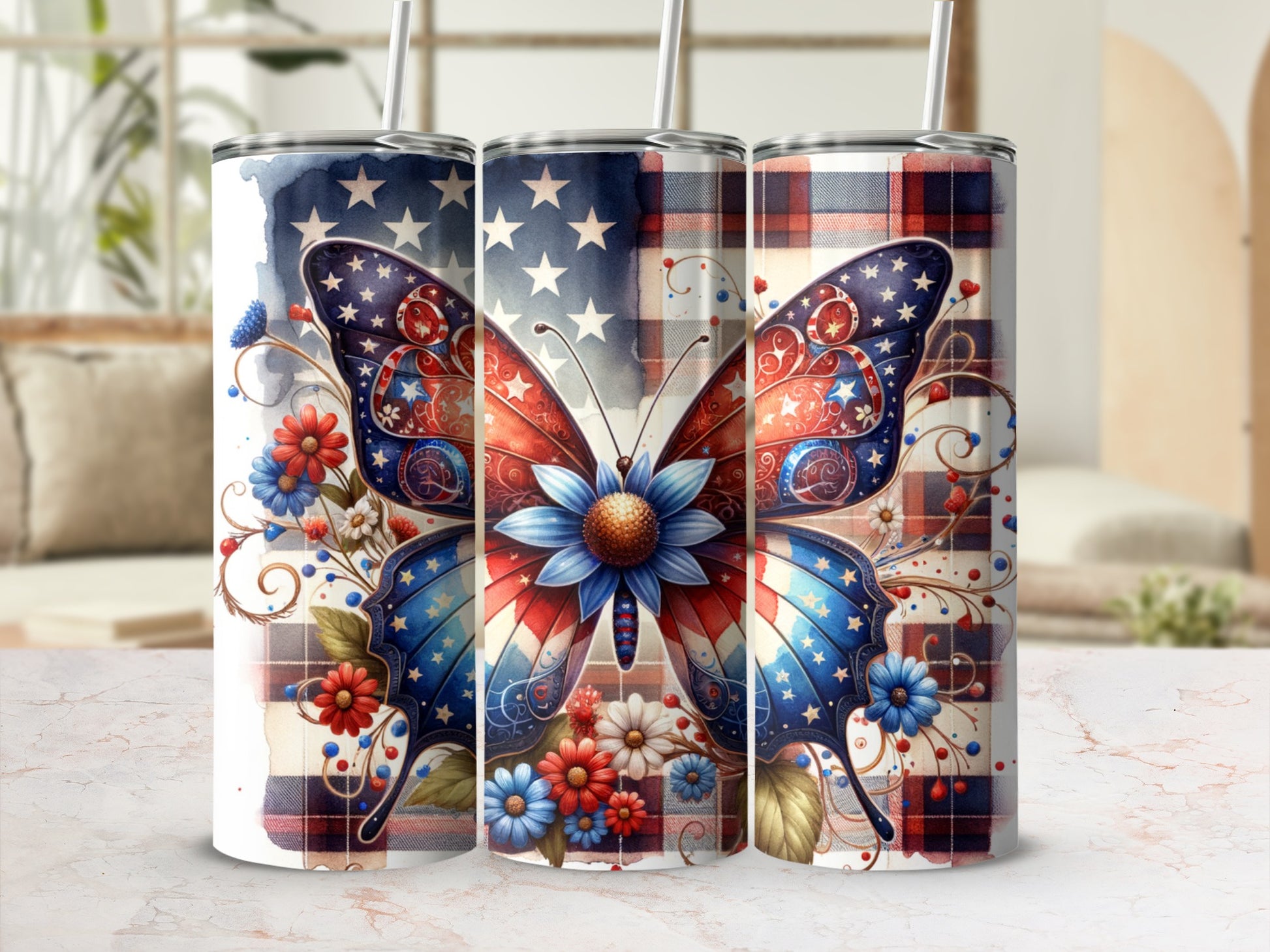 Butterfly tumbler with patriotic stars and floral accents, set against plaid.