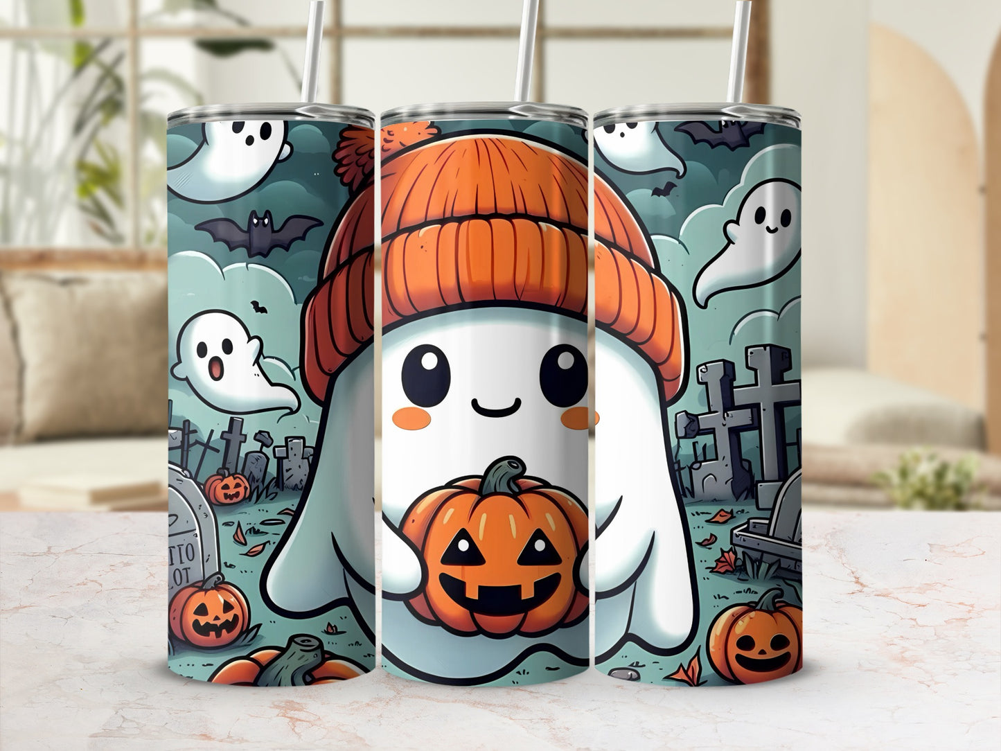 Three tumblers with a Halloween ghost and pumpkin design in a graveyard scene.