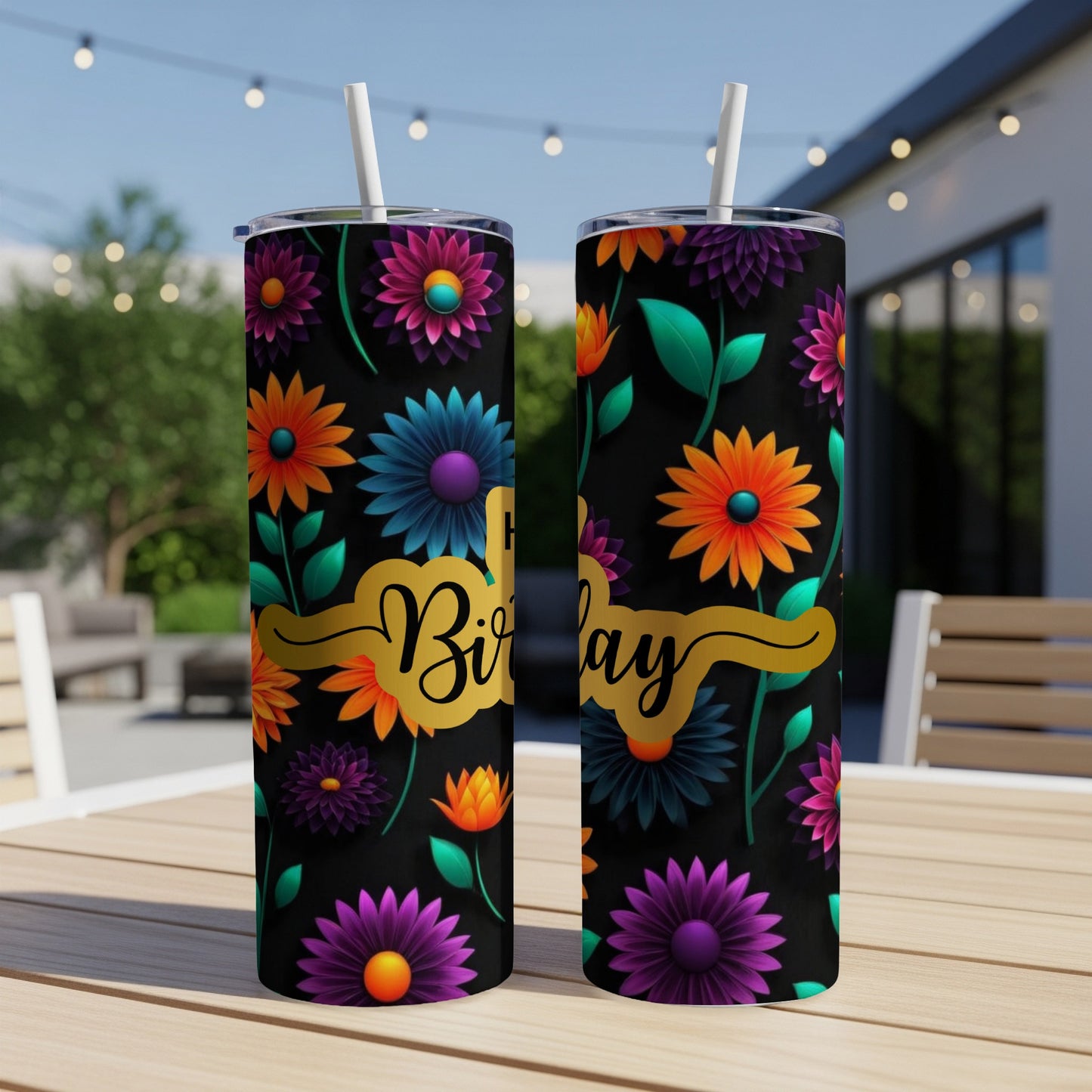 Two tumblers with colorful floral patterns and "Happy Birthday" text.