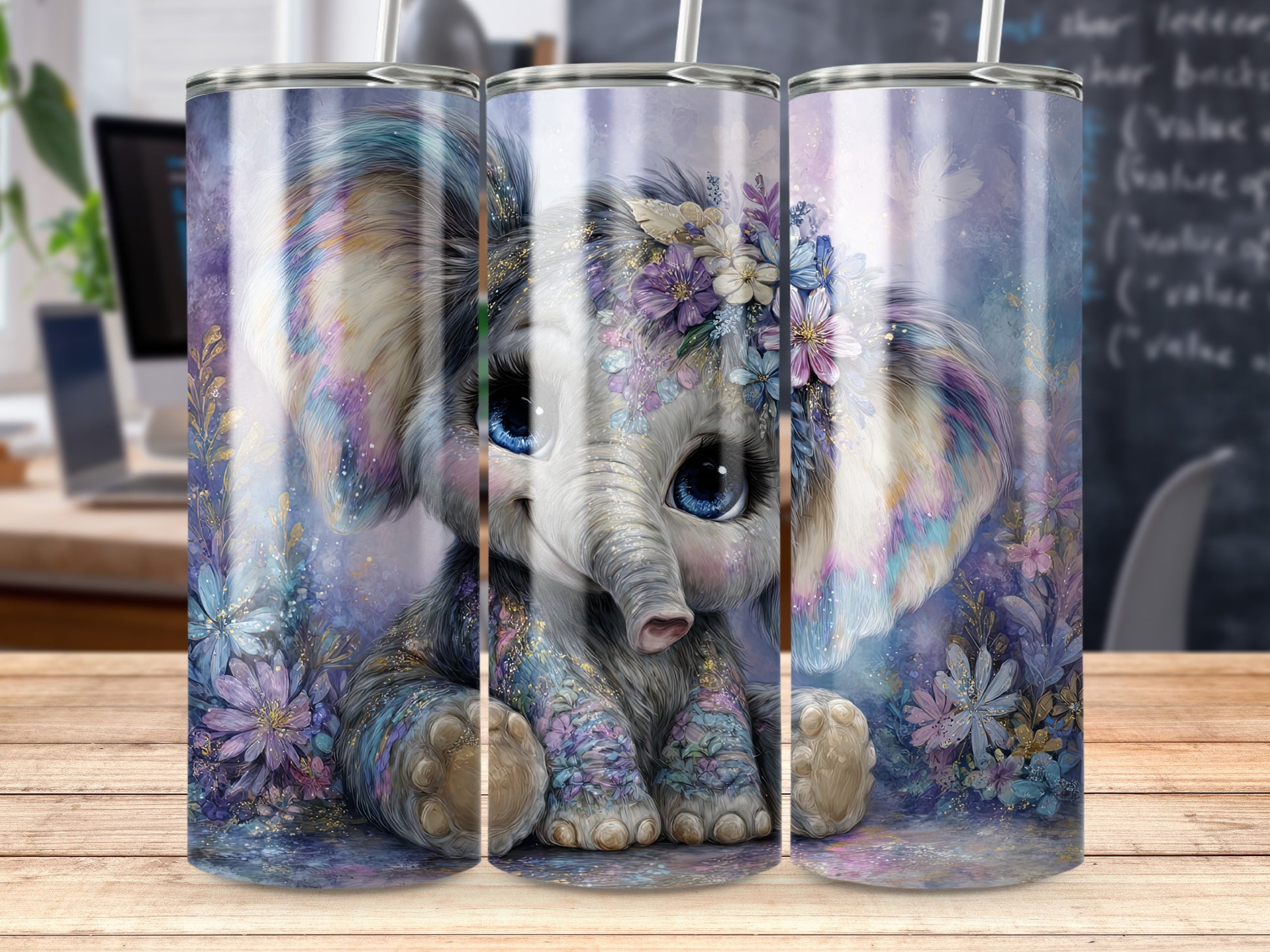 Adorable Baby Elephant Floral Art Tumbler Design