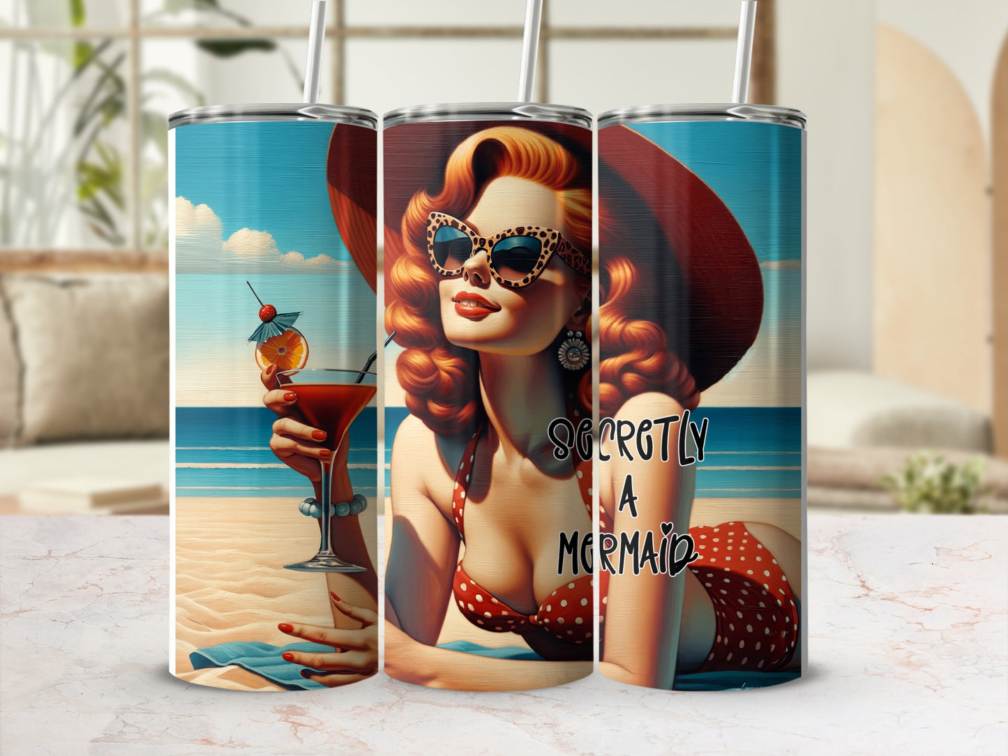 Retro woman in swimsuit on beach holding cocktail, text "SECRETLY A MERMAID".