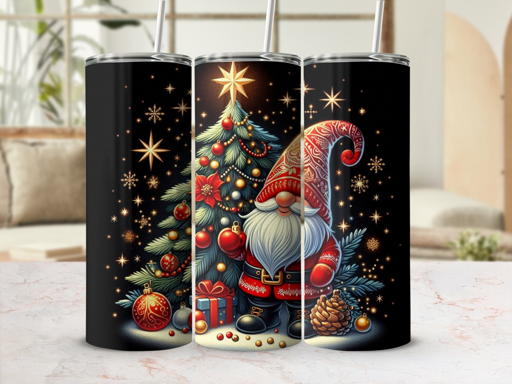Christmas gnome with tree, gifts, and pinecone on black tumbler.
