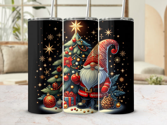 Christmas gnome with tree, gifts, and pinecone on black tumbler.