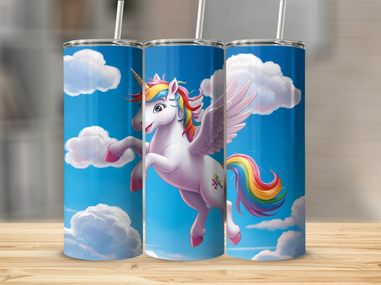 Three tumblers featuring a winged unicorn against a blue sky with clouds.