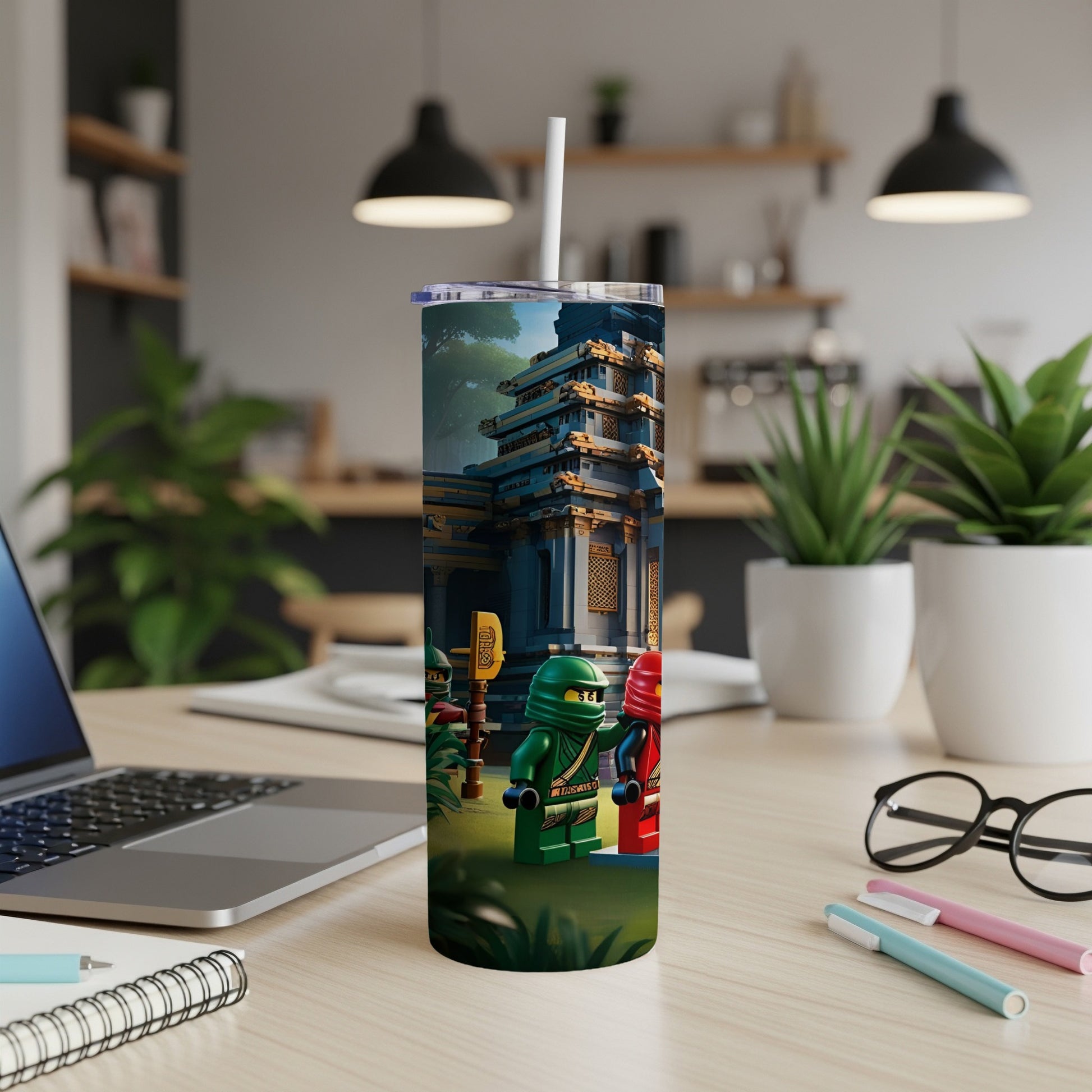 Ninjago characters stand before a temple on a blue and green tumbler.