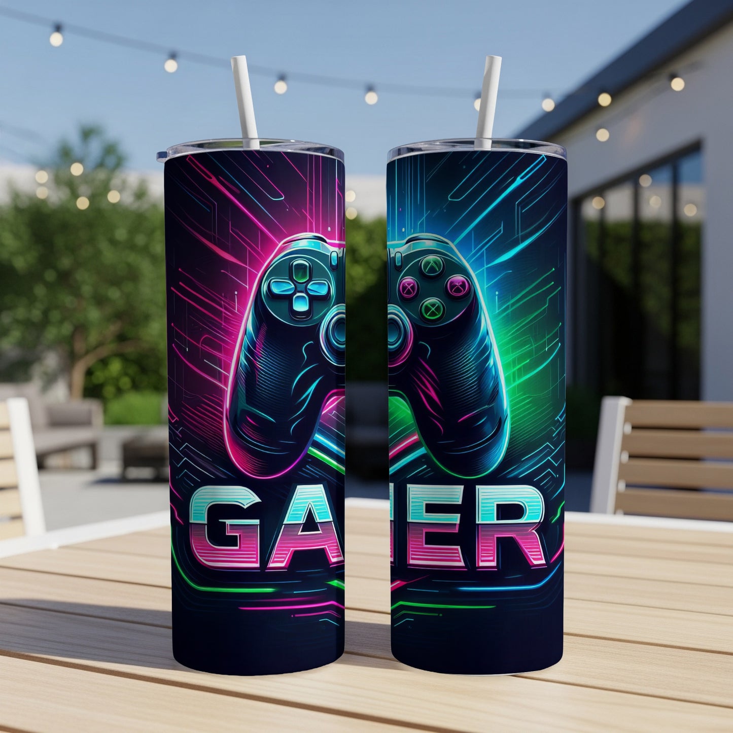 Gamer design on two tumblers with straws, featuring neon lights and a controller.