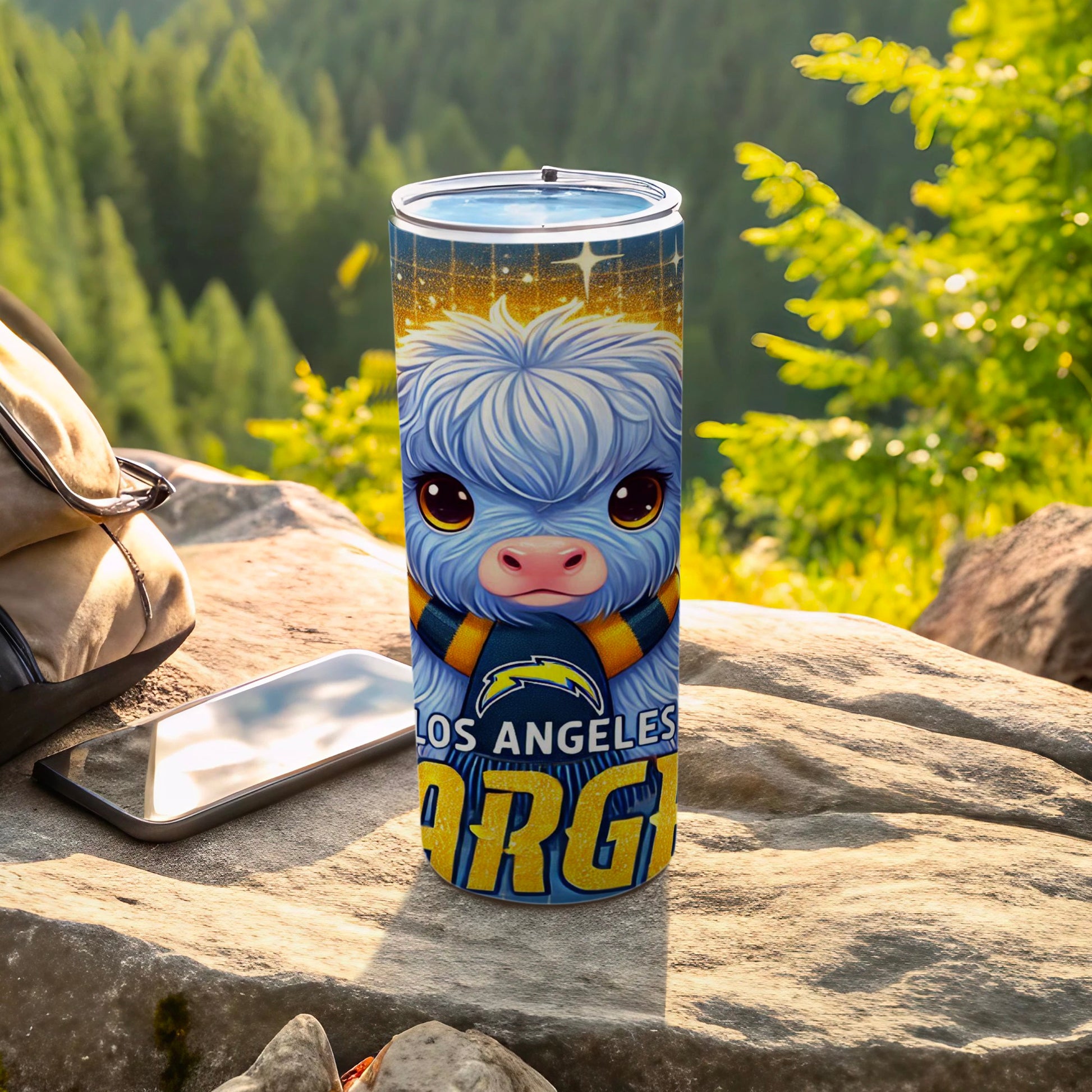 Blue fuzzy character with Chargers logo on a tall tumbler.