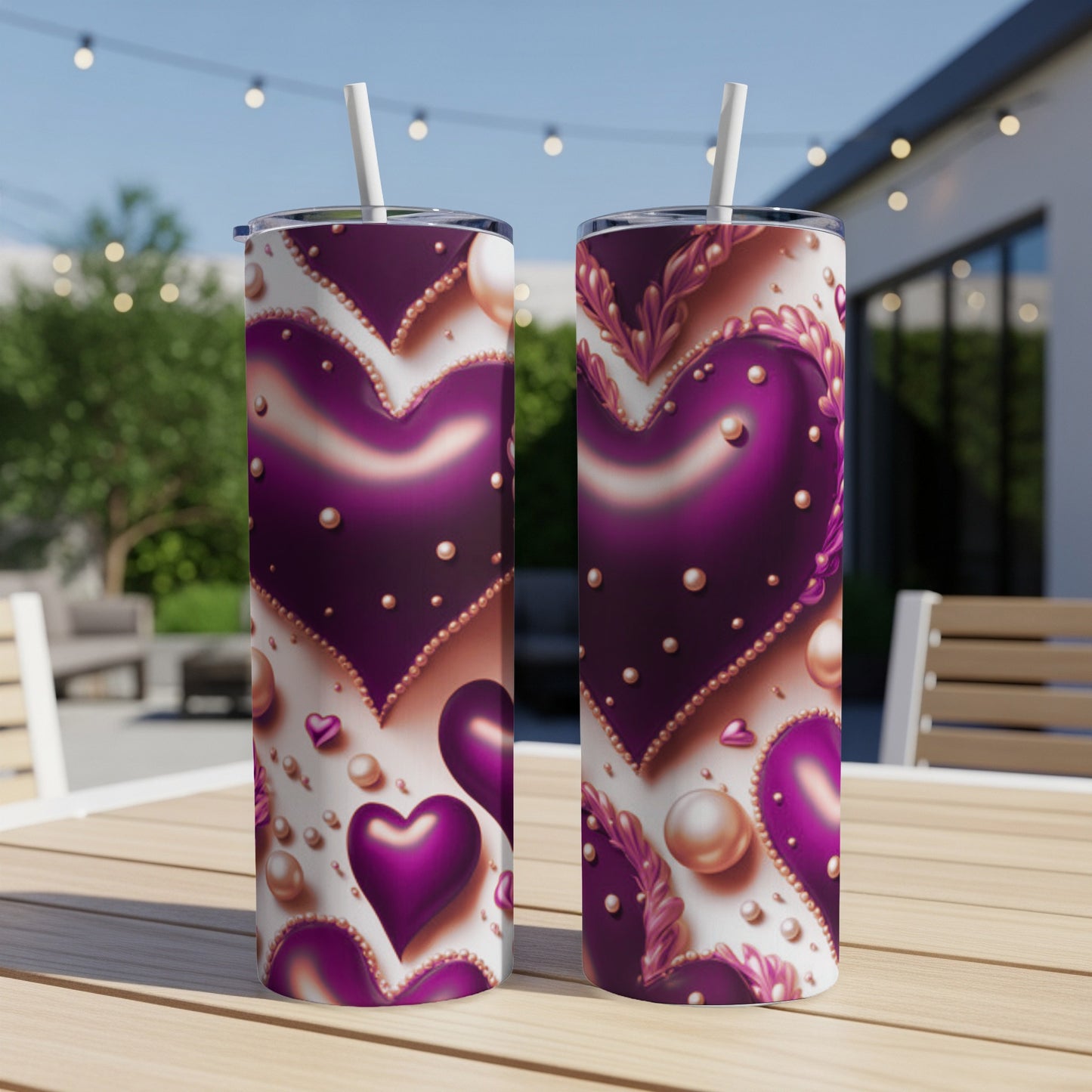 Two tumblers with a purple heart and pearl design.