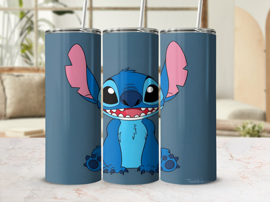 Blue tumbler featuring Stitch from Lilo & Stitch, smiling.