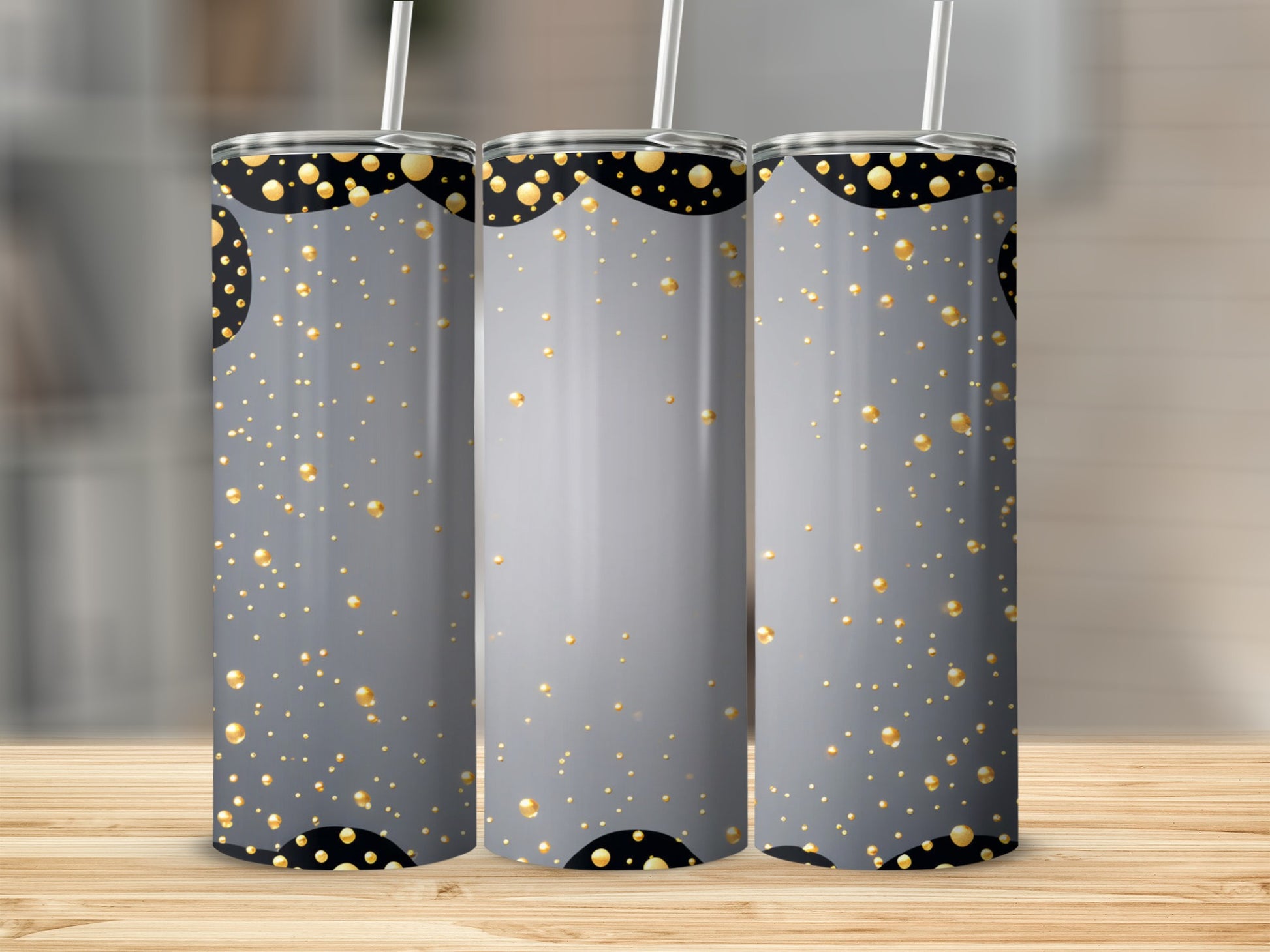 Three tumblers with a gray gradient and gold bubbly pattern.