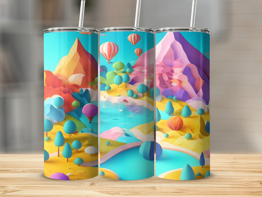 Colorful landscape scene with hot air balloons on three tumblers.