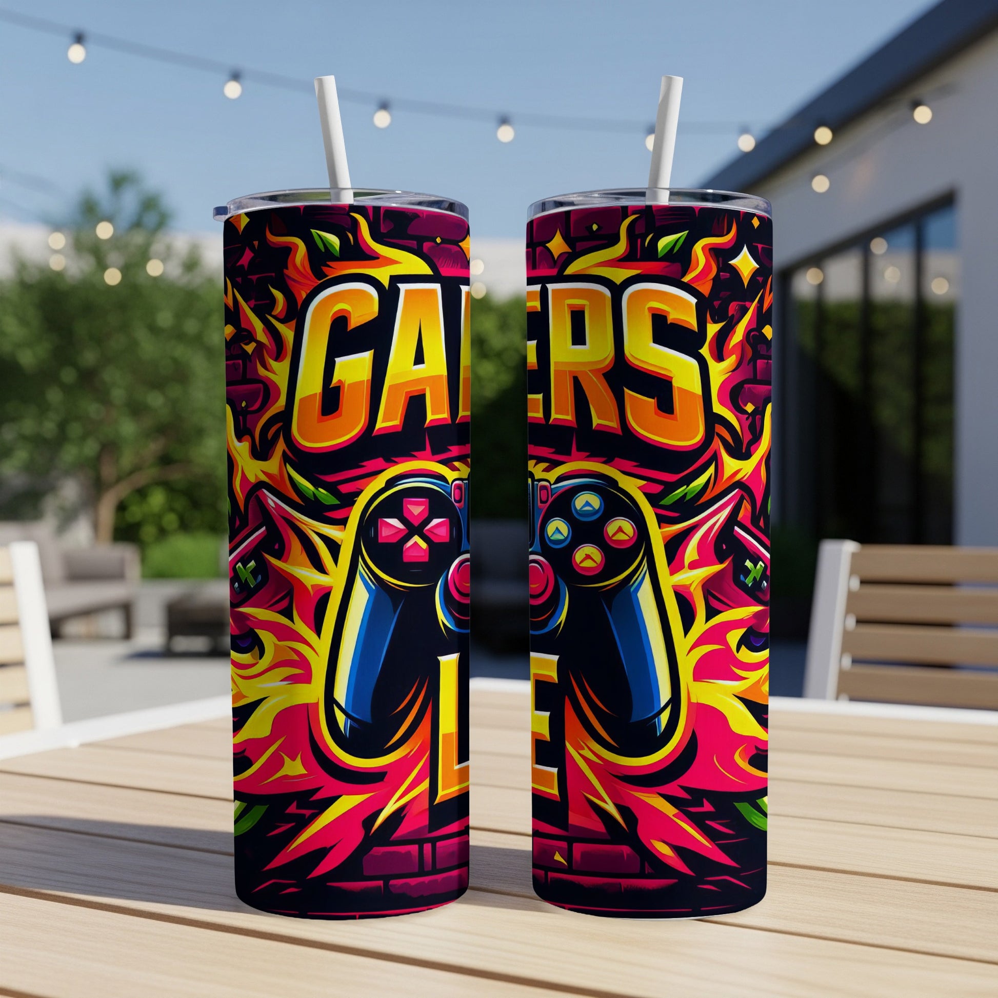 Two tumblers with "Gamers" text and video game controller graphics.