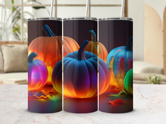 Three tumblers with vibrant, glowing pumpkins and autumn leaves.