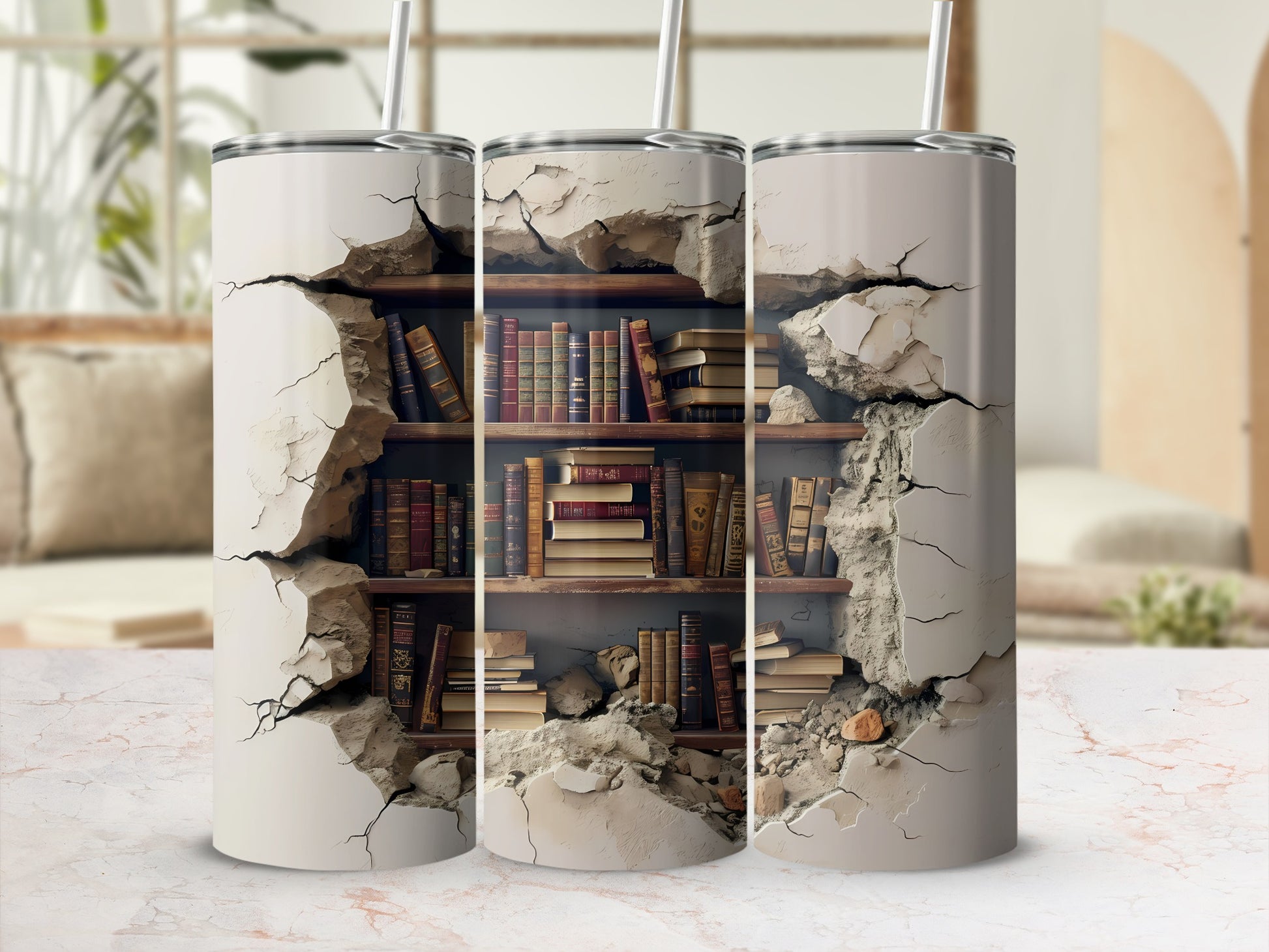 Three tumblers featuring a cracked-wall bookshelf design.