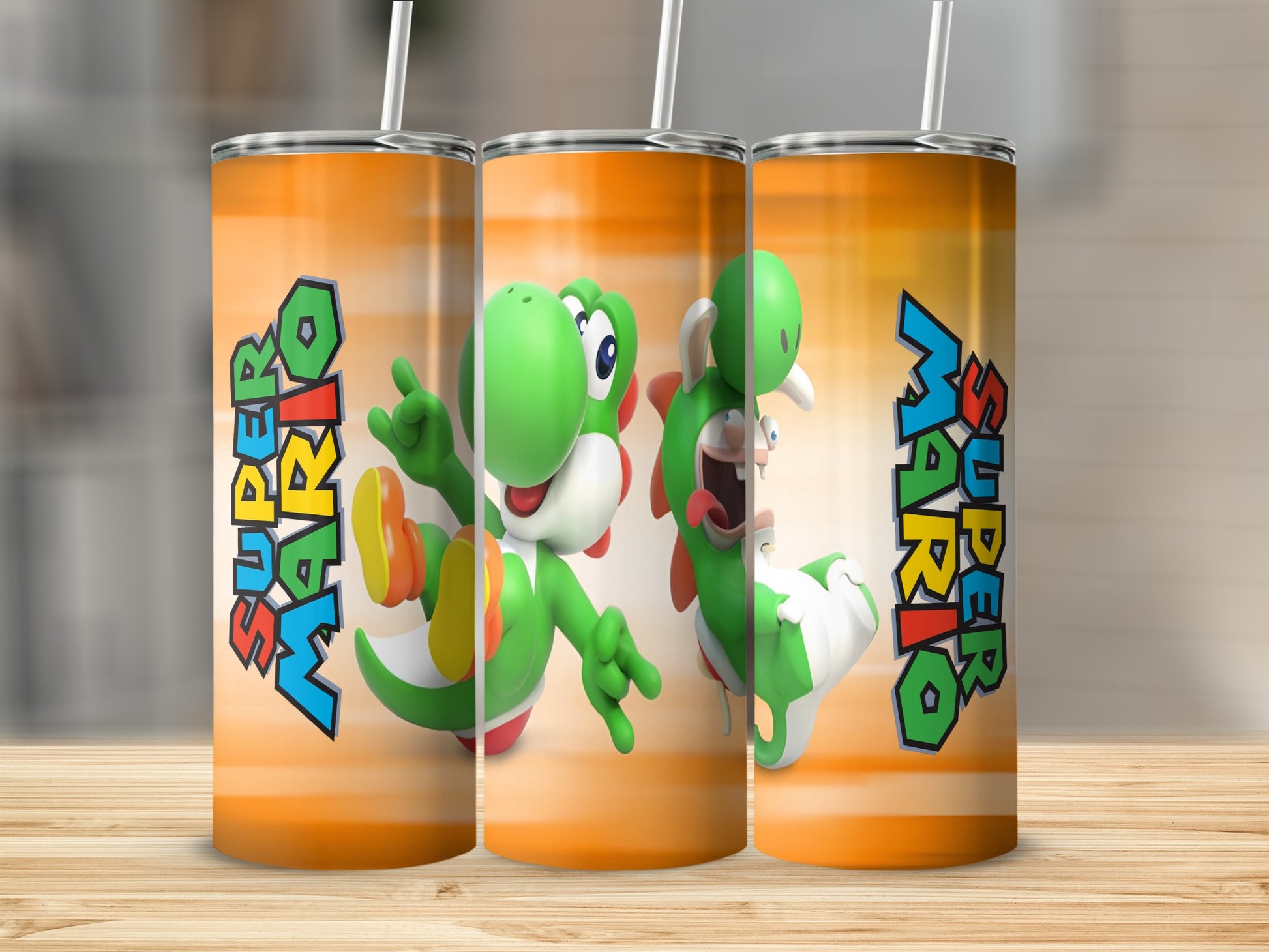 Yoshi from Super Mario characters on an orange gradient tumbler.
