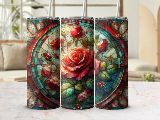 Three stained glass tumblers featuring detailed roses and ornate borders.