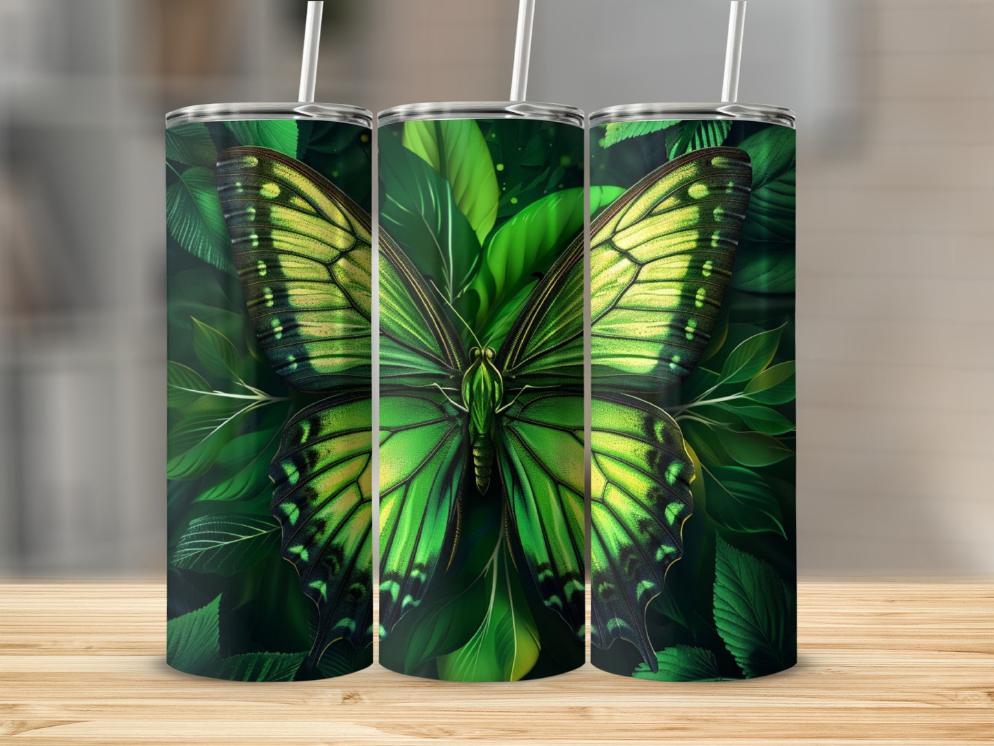 Green butterfly with vibrant wings against a leafy background.