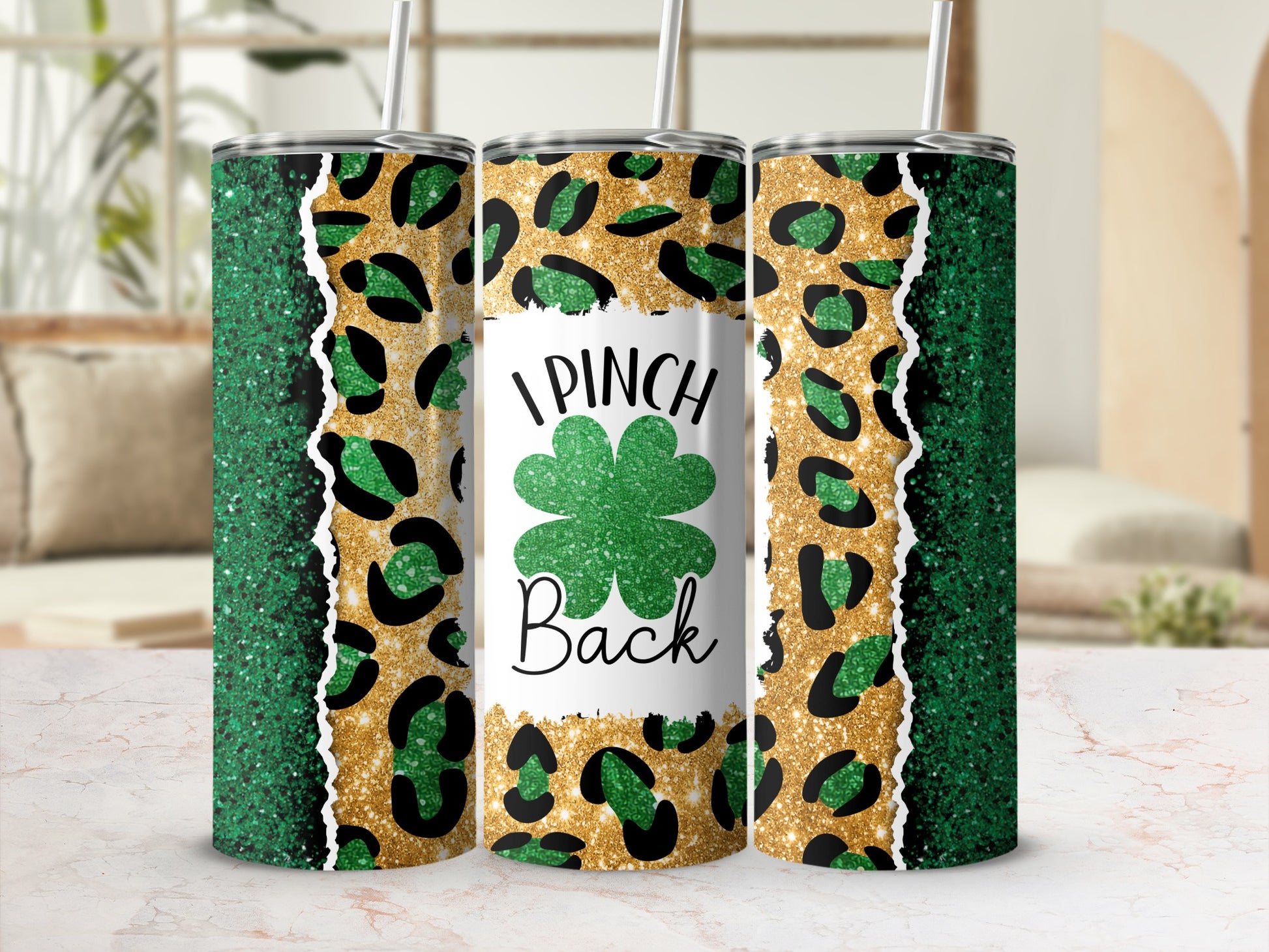 Green glitter and leopard print tumbler with "I pinch back" and a clover.