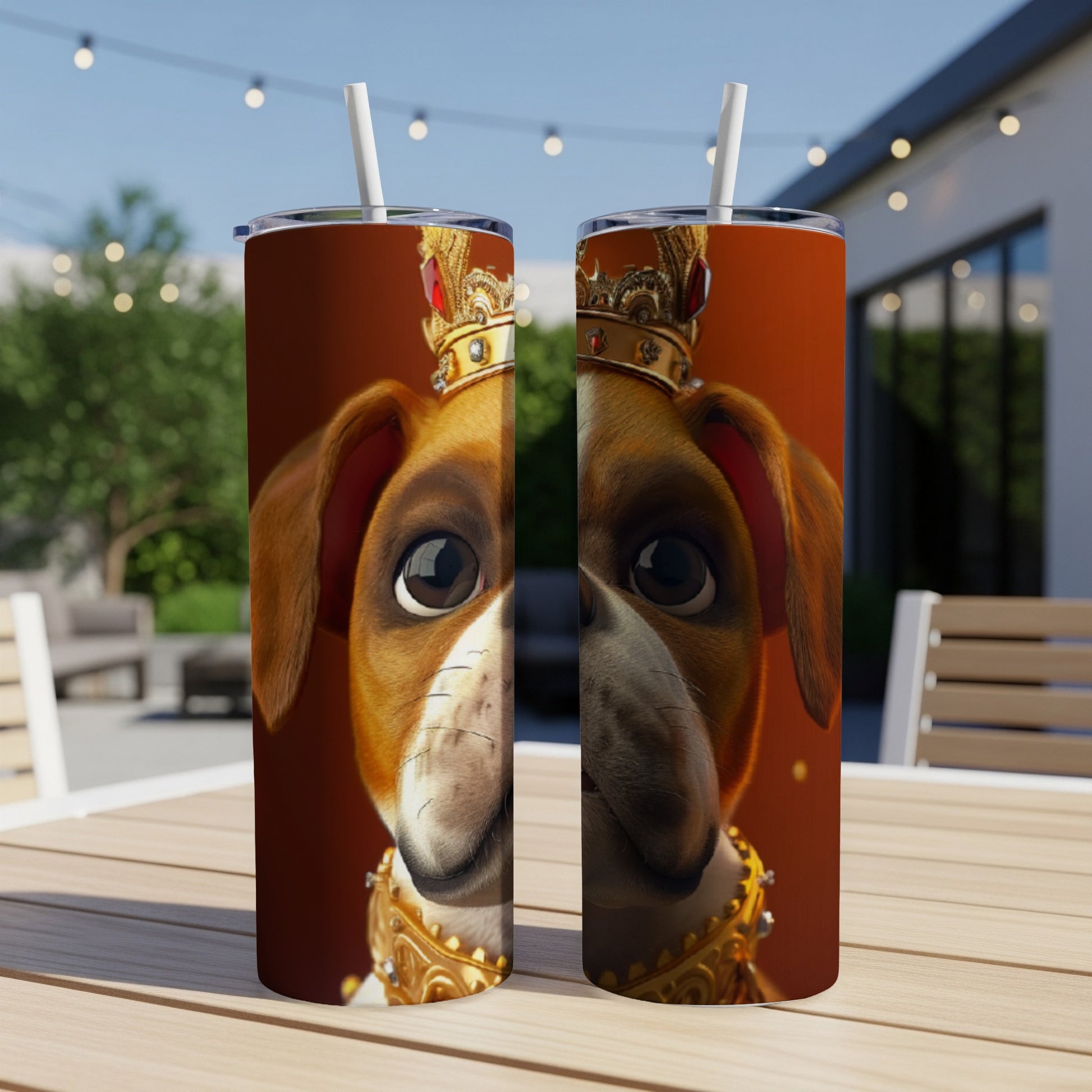 Two tumblers featuring a dog wearing a crown and ornate necklace.