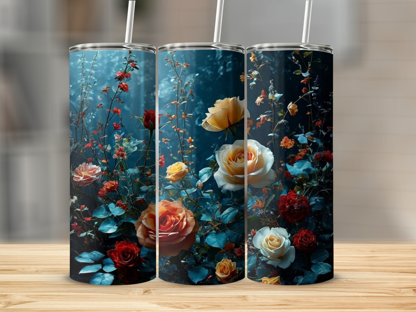 Three tumblers decorated with dark floral patterns and vibrant roses.