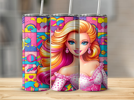 Barbie illustration with pink polka dot dress and colorful geometric background.