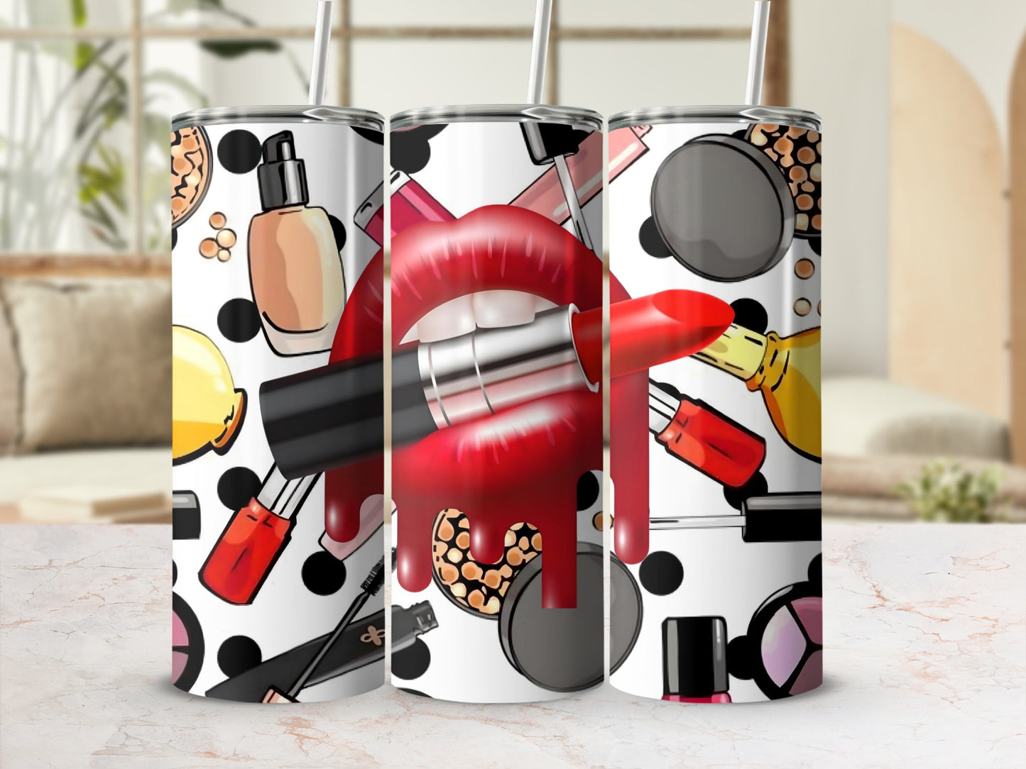 Bold Lipstick and Makeup Pattern Tumbler Design