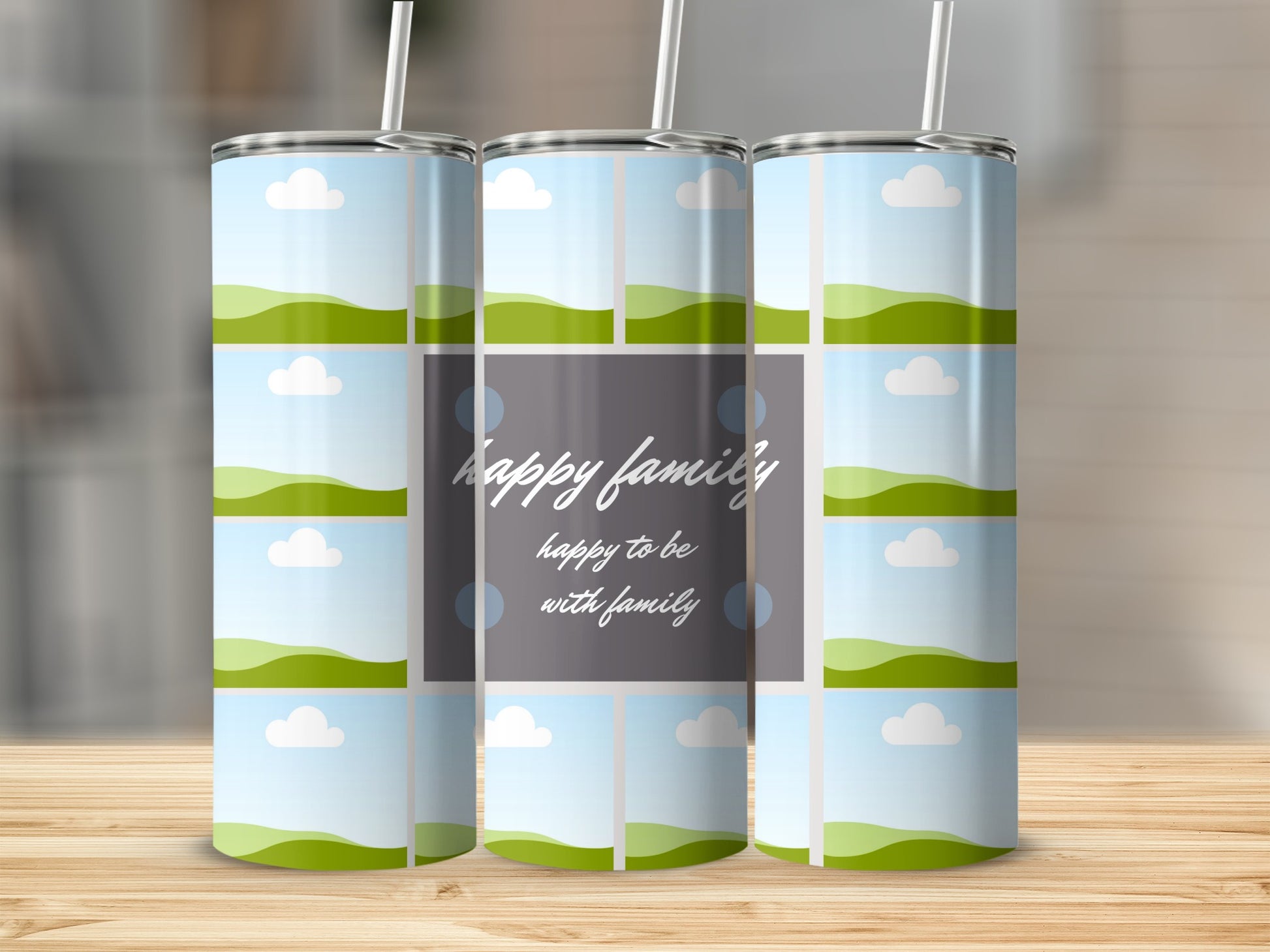 Tumbler with "happy family happy to be with family" text and landscape photo collage design.