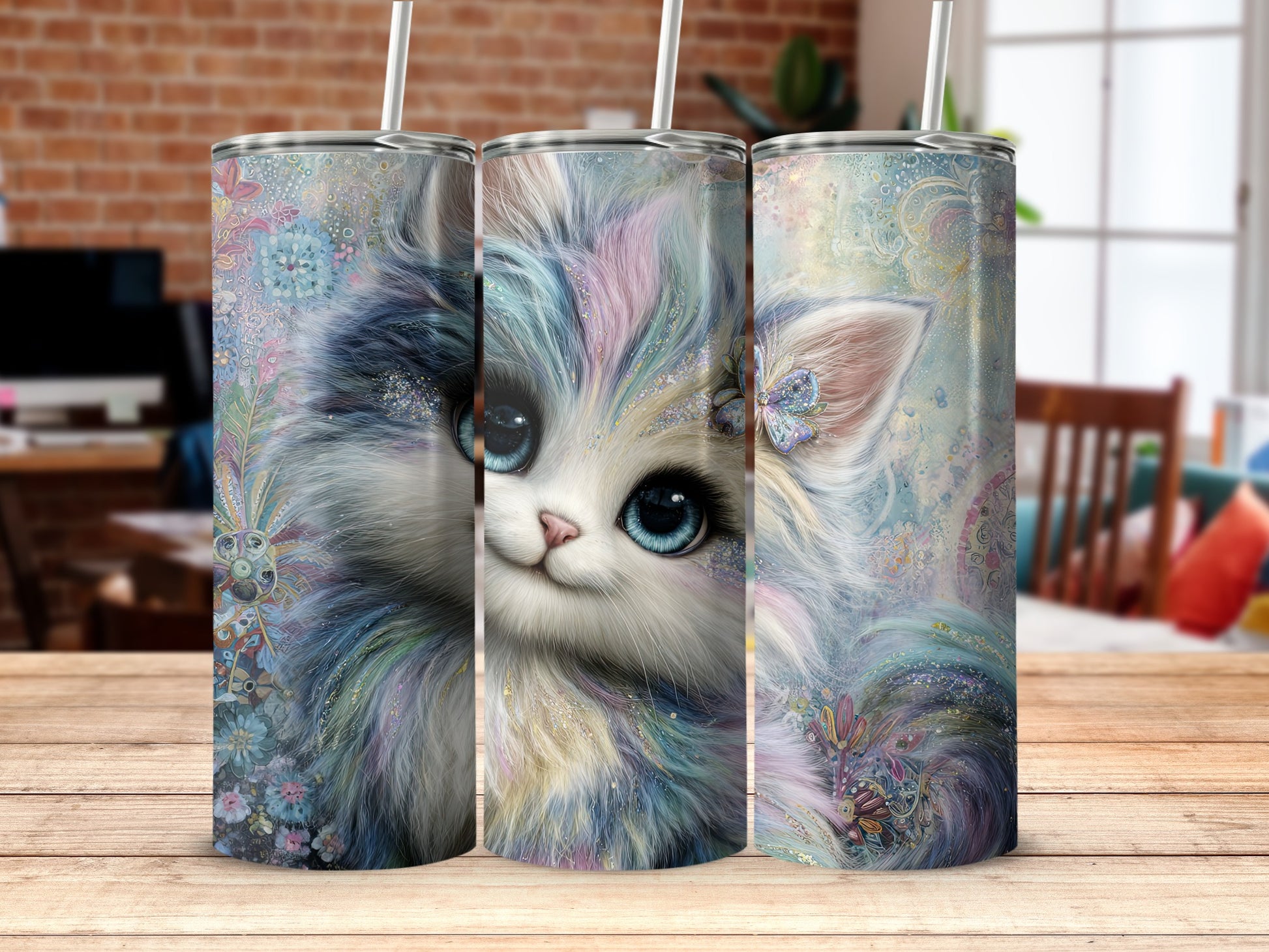 Cute Fluffy Kitten with Butterflies Tumbler Product