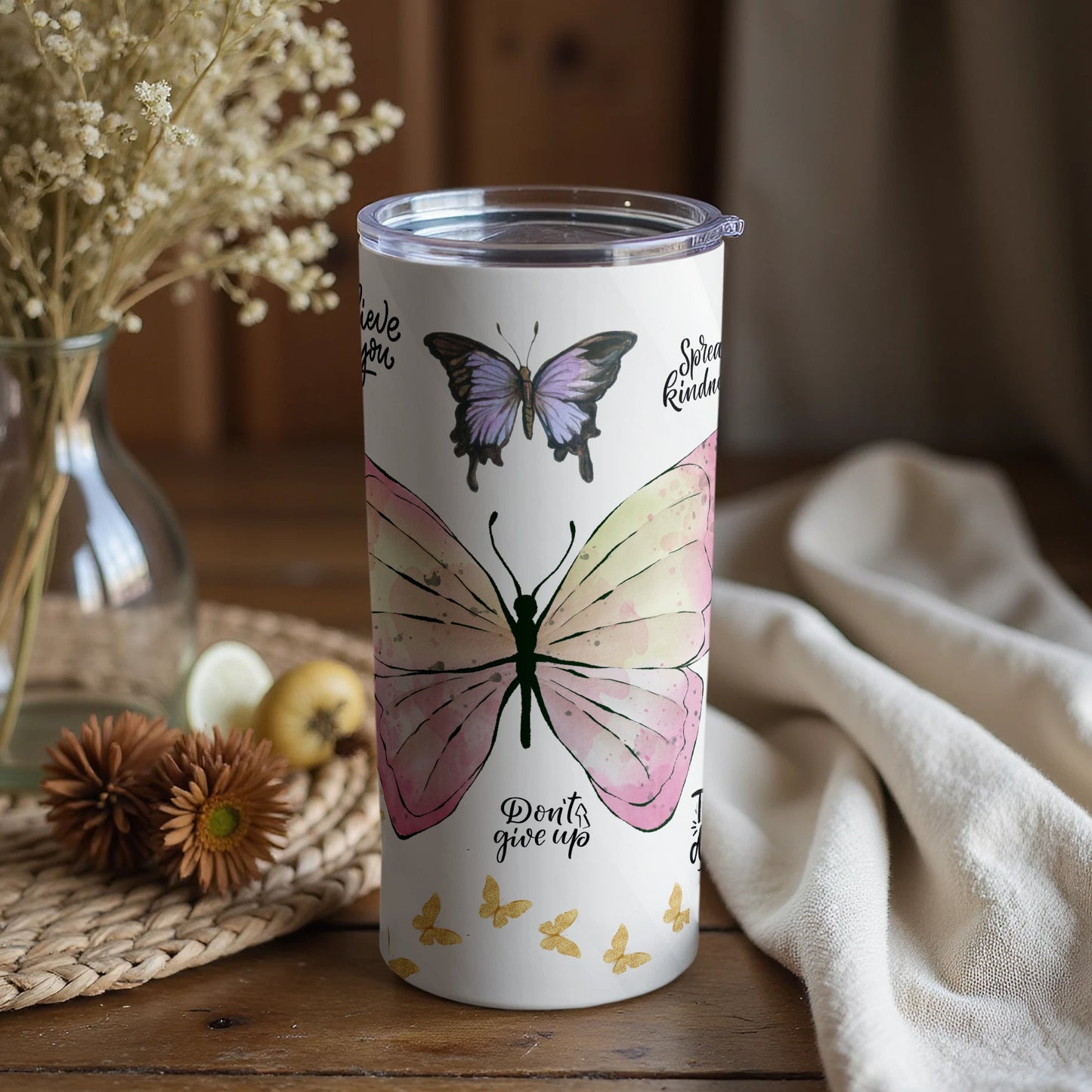 Inspirational Butterfly Design Tumbler with Lid for Drinks