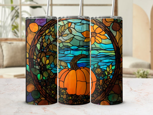 Three tumblers featuring stained glass pumpkin and floral designs.