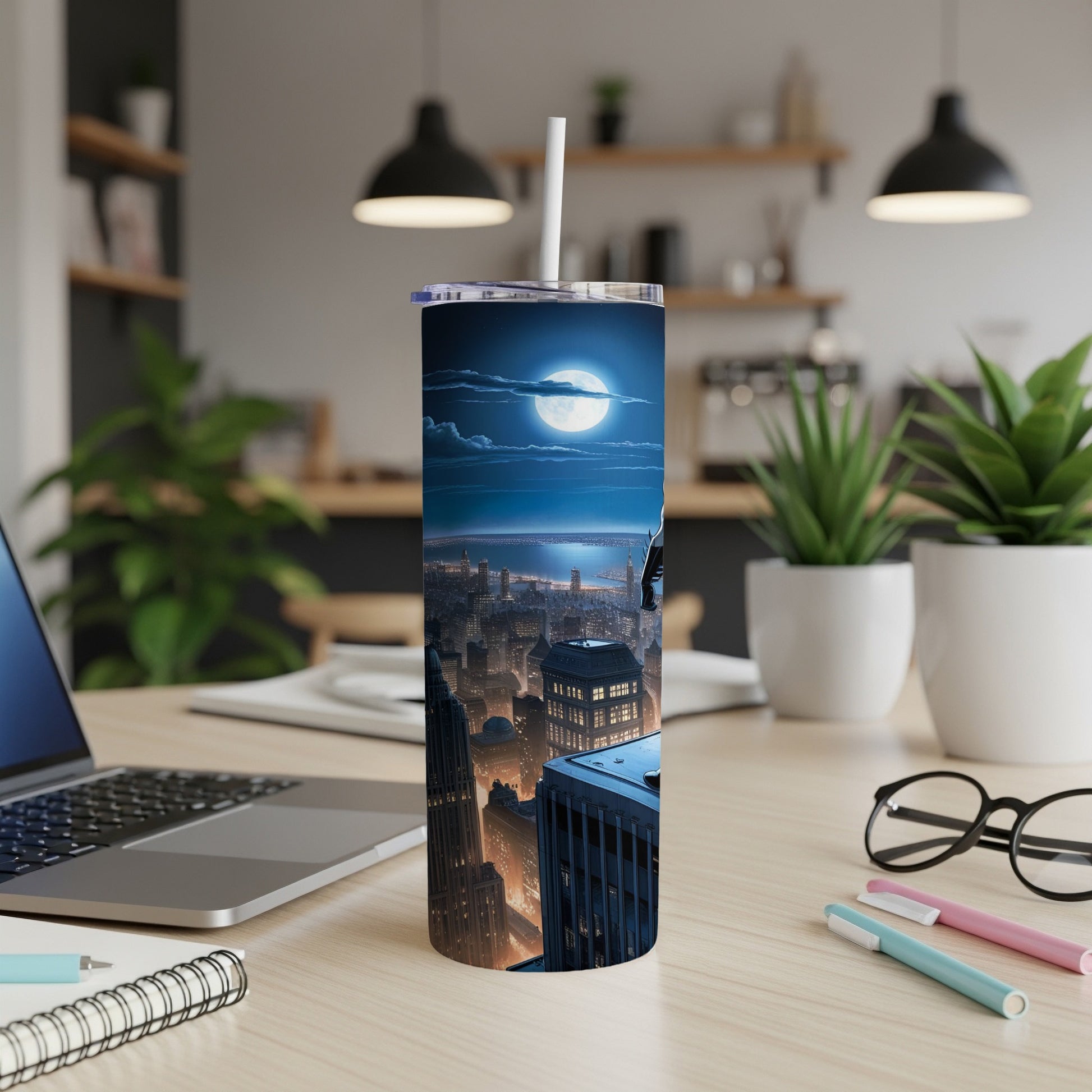 Tall tumbler with Gotham City skyline and Batman perched on a rooftop.